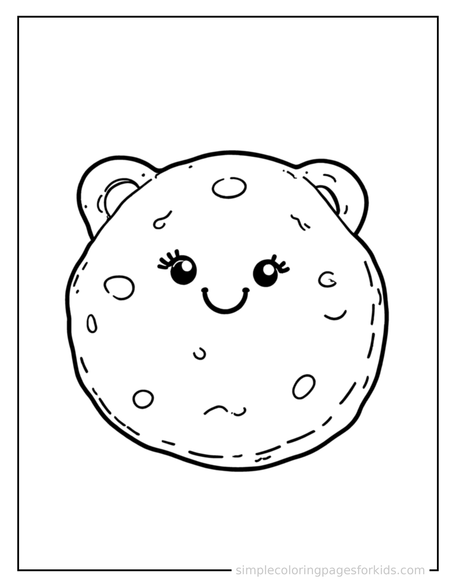 Free printable chocolate chip cookie coloring page featuring a cute chocolate chip cookie, shown as a simple central illustration with a cute smiling face.