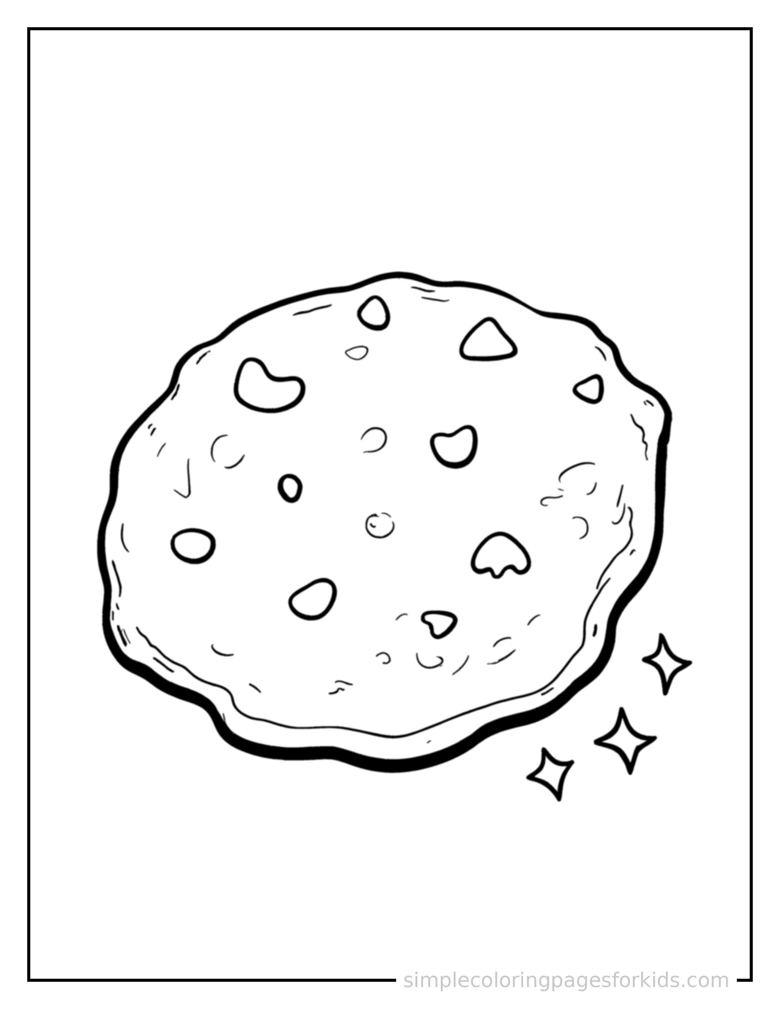 Free printable chocolate chip cookie coloring page featuring a cute chocolate chip cookie, shown from a slightly different angle with small decorative sparkle marks nearby.