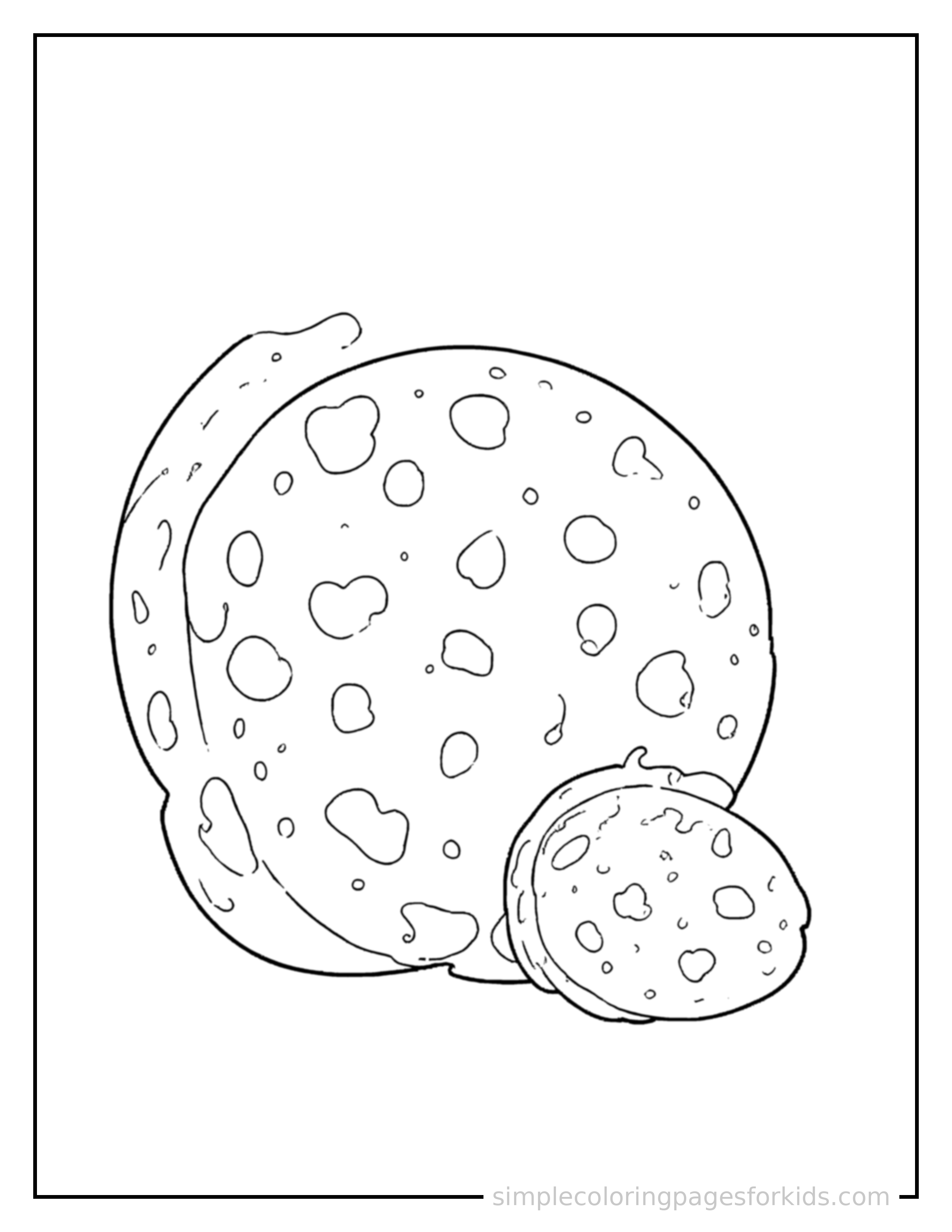 Free printable chocolate chip cookie coloring page featuring a cute chocolate chip cookie, shown with a smaller mini version of itself beside it.
