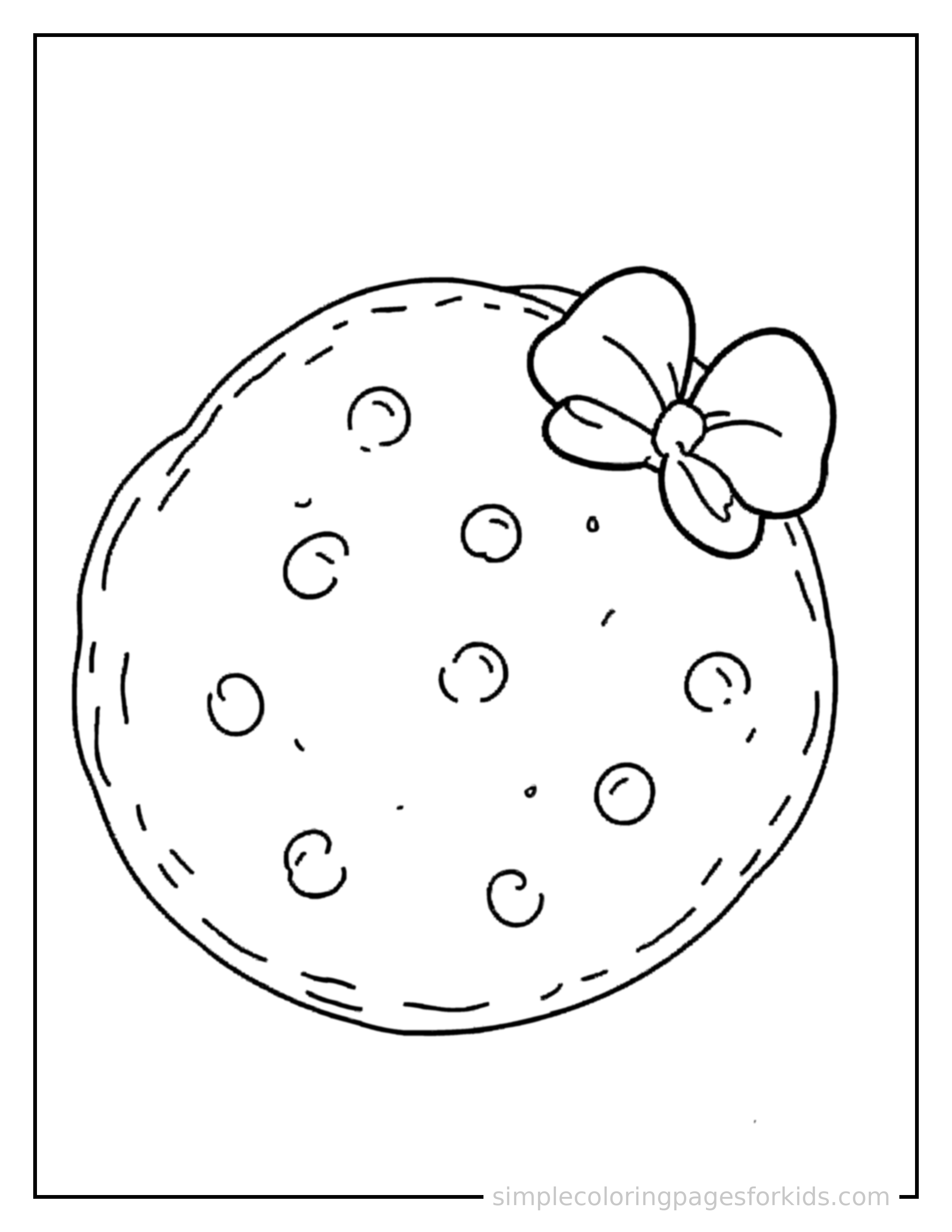 Free printable chocolate chip cookie coloring page featuring a cute chocolate chip cookie, decorated with a simple bow or ribbon for a festive touch.