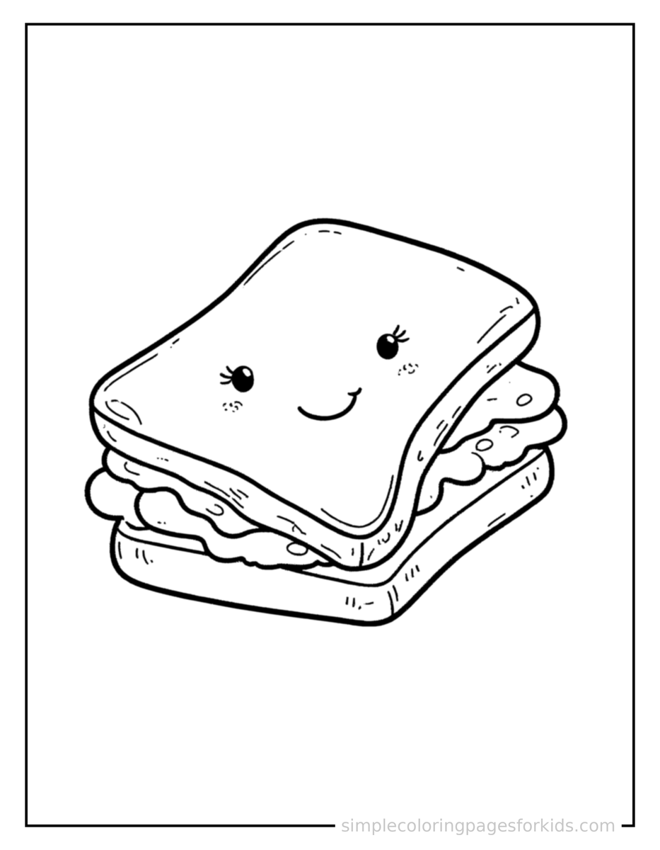 Free printable sandwich with lettuce and cheese coloring page featuring a cute sandwich with lettuce and cheese, shown as a simple central illustration with a cute smiling face.