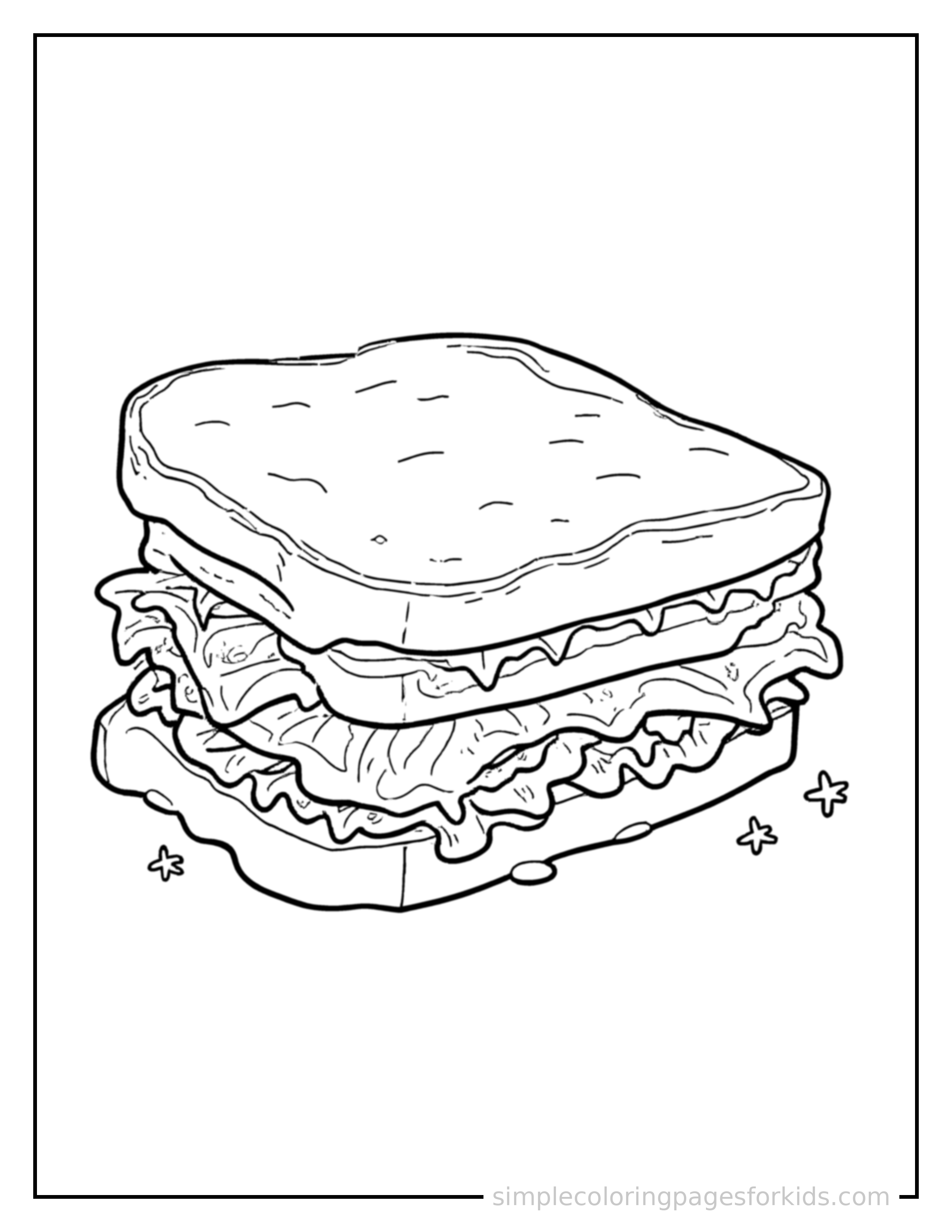 Free printable sandwich with lettuce and cheese coloring page featuring a cute sandwich with lettuce and cheese, shown from a slightly different angle with small decorative sparkle marks nearby.