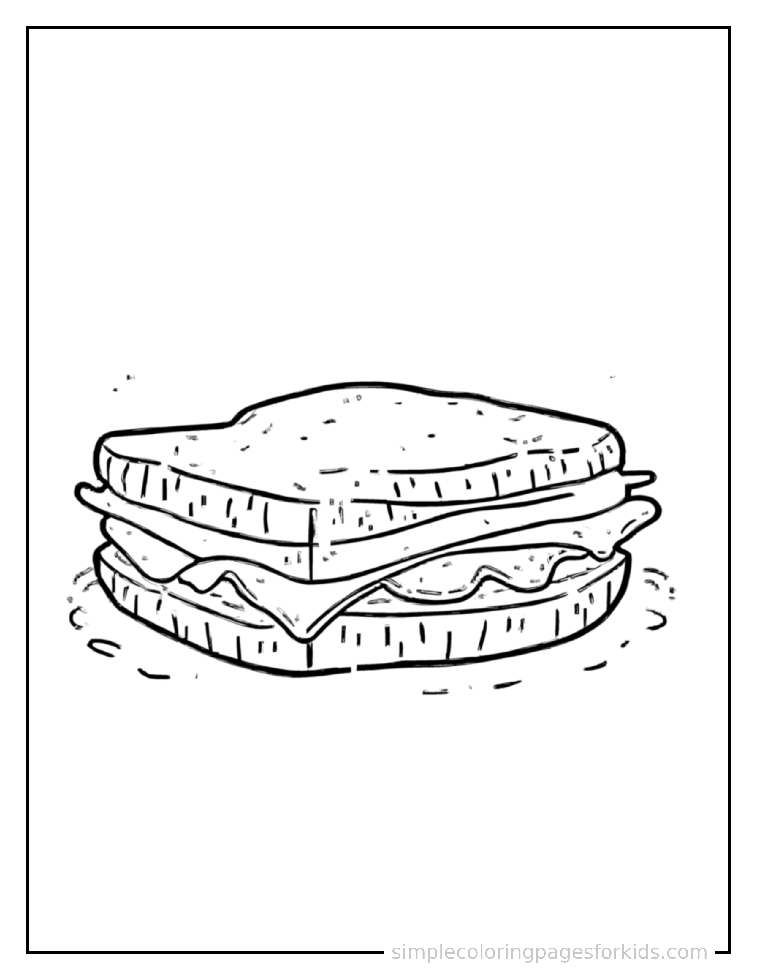 Free printable sandwich with lettuce and cheese coloring page featuring a cute sandwich with lettuce and cheese, shown with a smaller mini version of itself beside it.