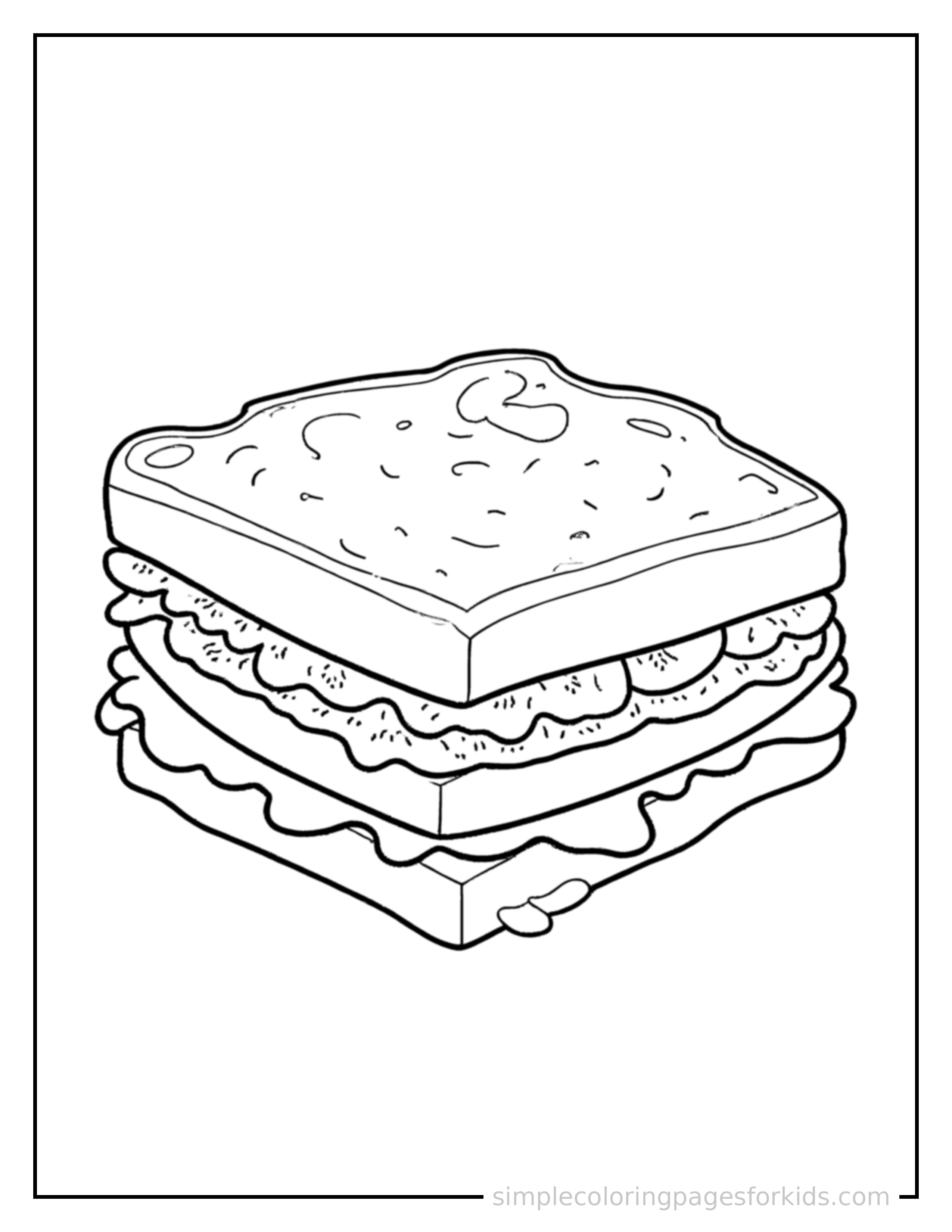 Free printable sandwich with lettuce and cheese coloring page featuring a cute sandwich with lettuce and cheese, decorated with a simple bow or ribbon for a festive touch.