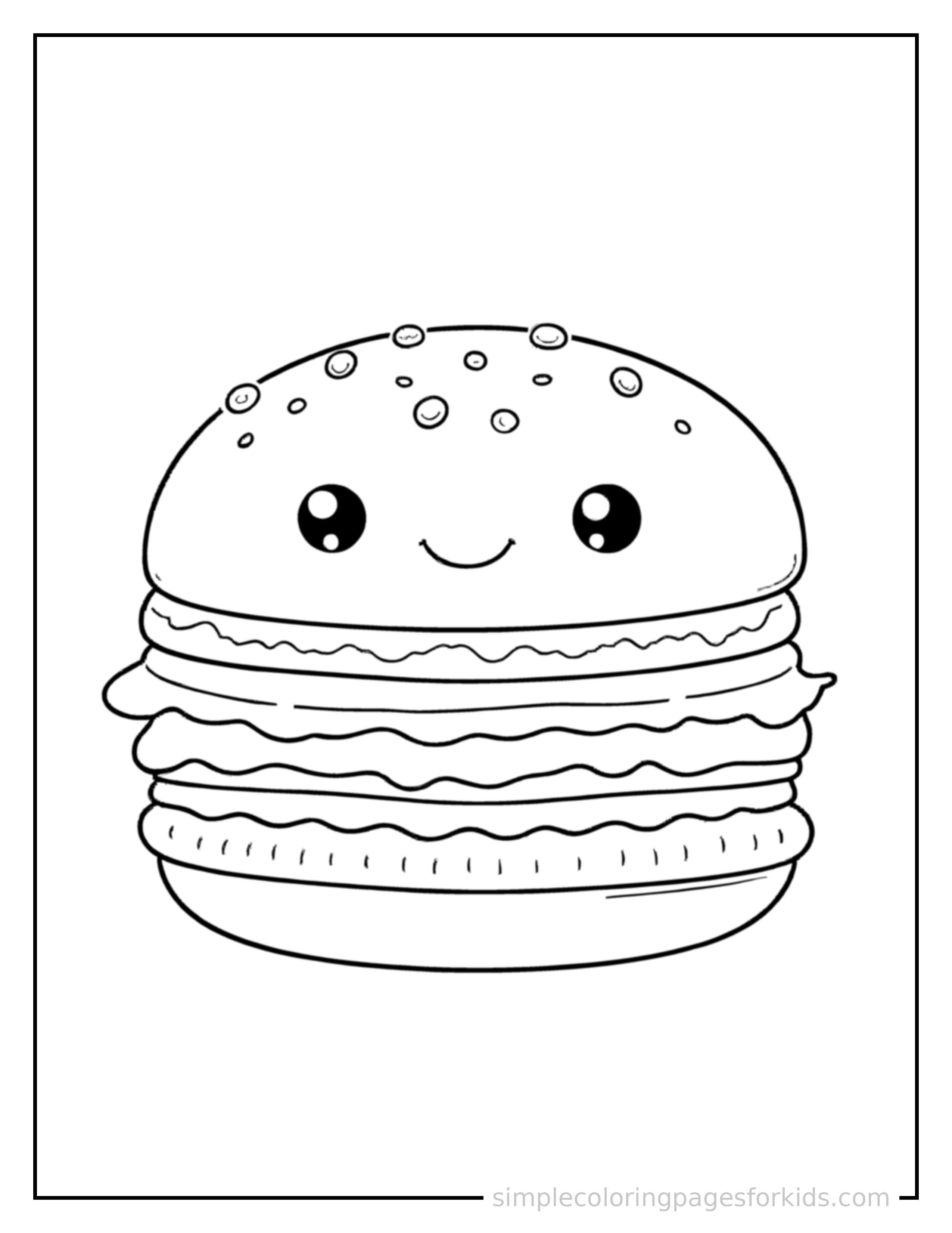 Free printable hamburger with a sesame bun coloring page featuring a cute hamburger with a sesame bun, shown as a simple central illustration with a cute smiling face.