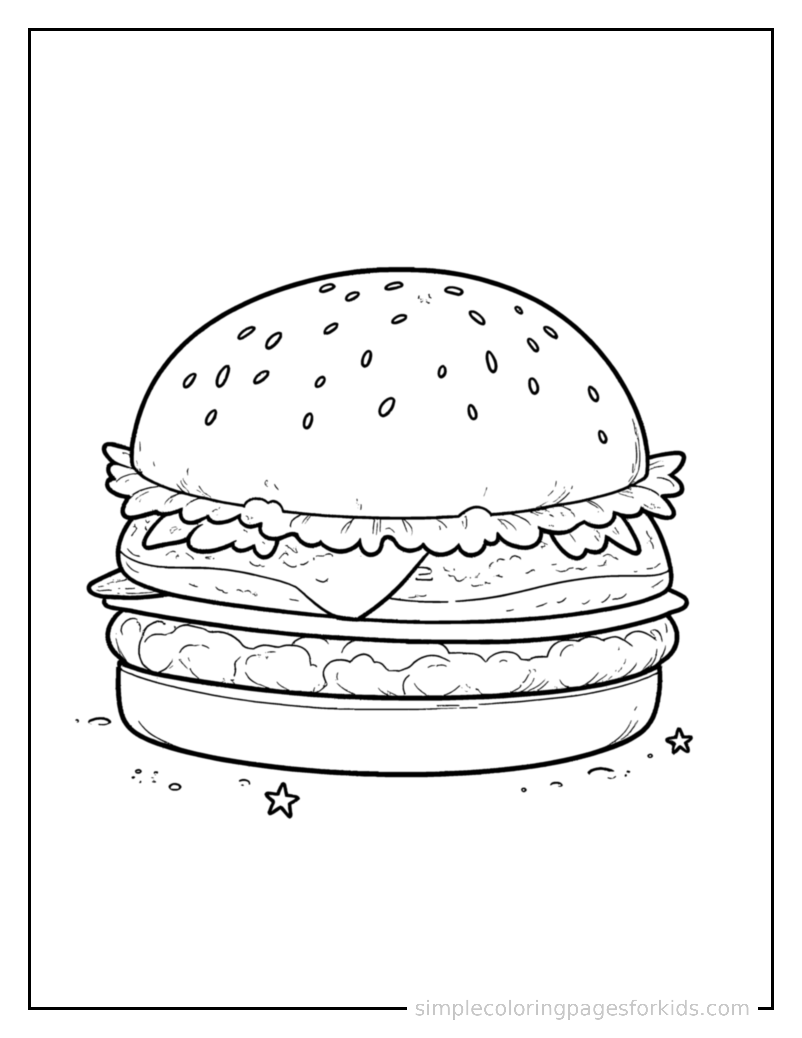 Free printable hamburger with a sesame bun coloring page featuring a cute hamburger with a sesame bun, shown from a slightly different angle with small decorative sparkle marks nearby.