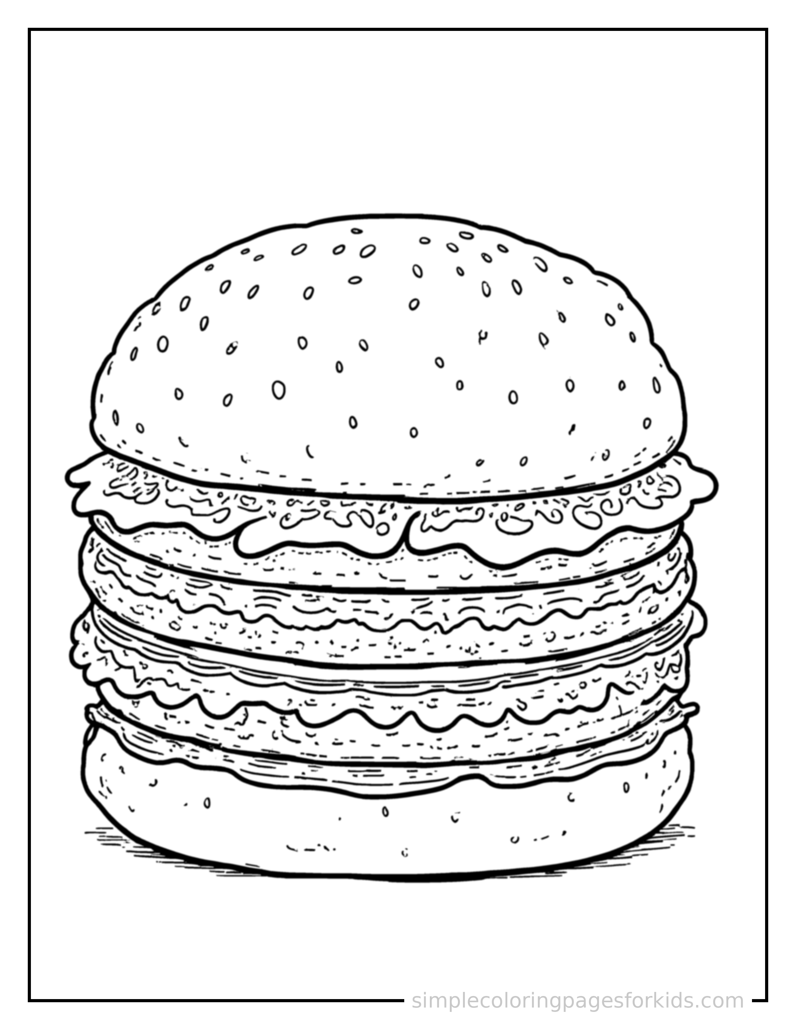 Free printable hamburger with a sesame bun coloring page featuring a cute hamburger with a sesame bun, shown with a smaller mini version of itself beside it.