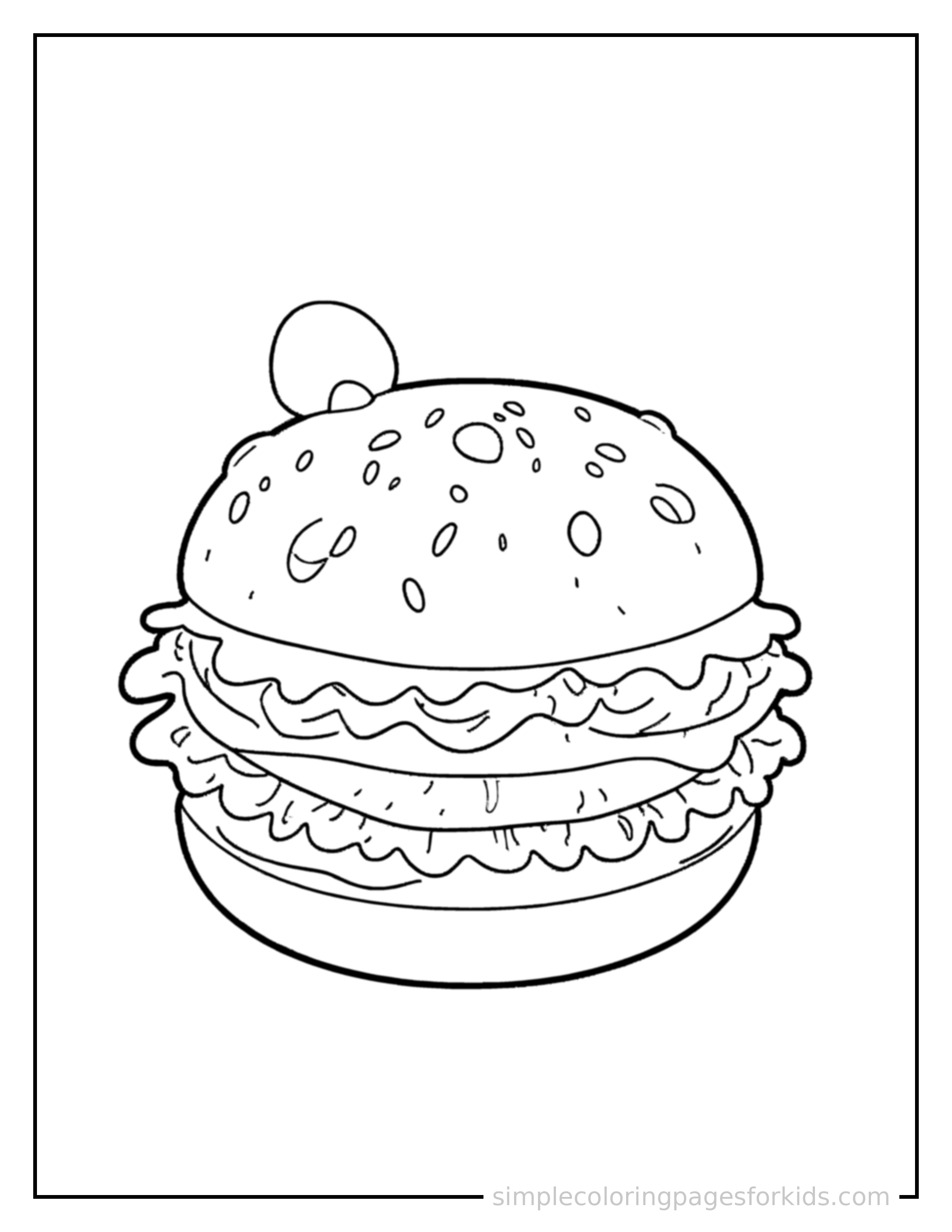 Free printable hamburger with a sesame bun coloring page featuring a cute hamburger with a sesame bun, decorated with a simple bow or ribbon for a festive touch.
