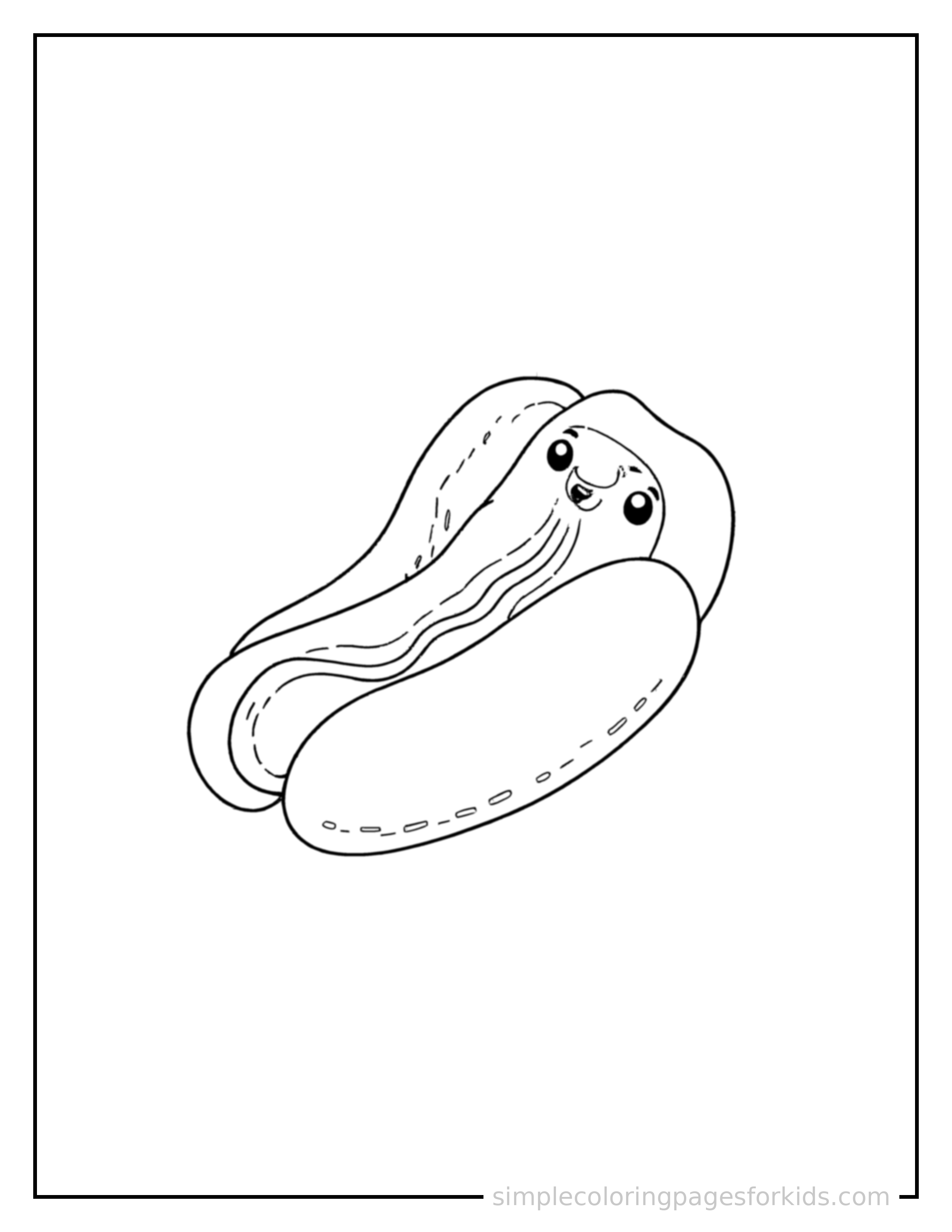 Free printable hot dog with mustard coloring page featuring a cute hot dog with mustard, shown as a simple central illustration with a cute smiling face.