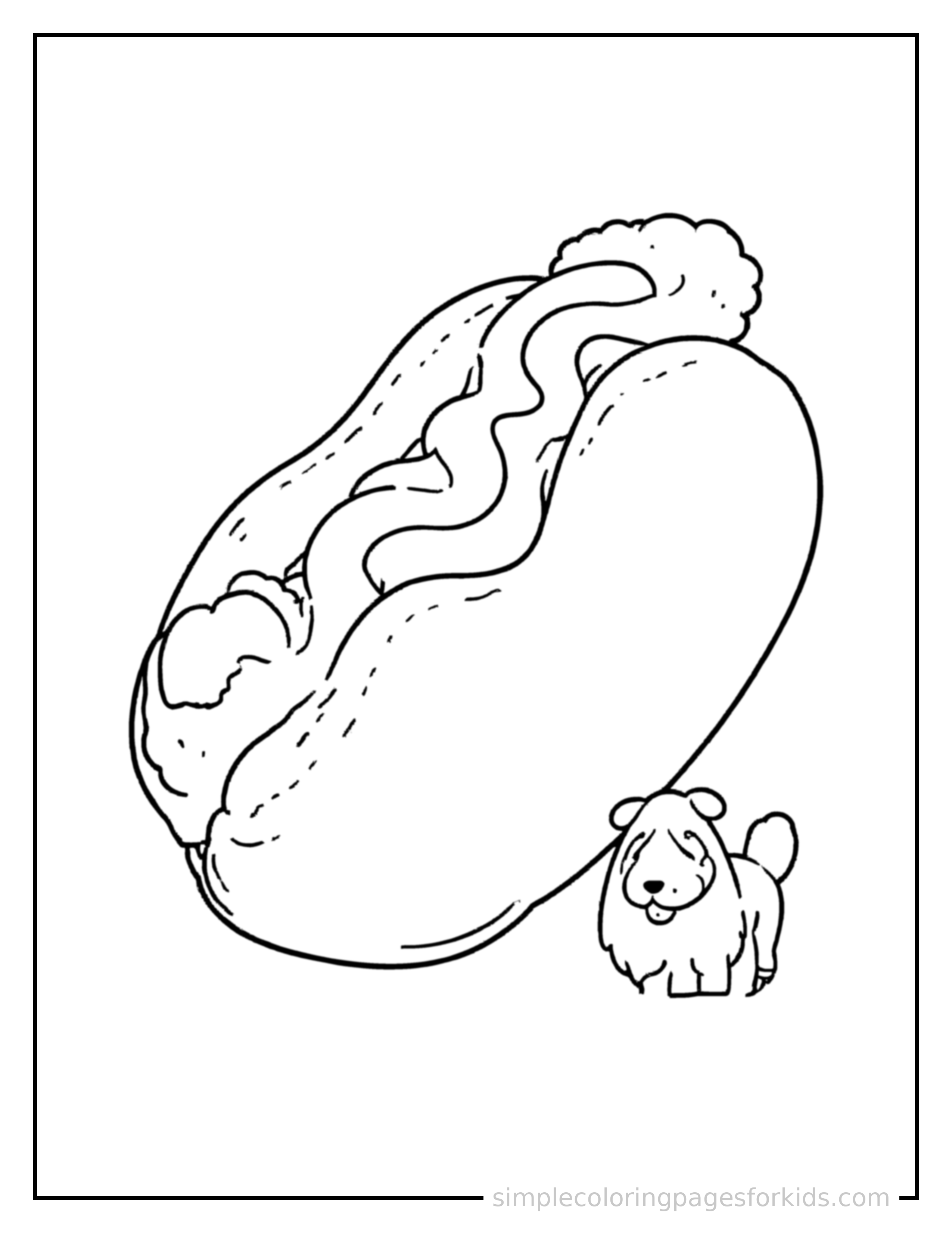 Free printable hot dog with mustard coloring page featuring a cute hot dog with mustard, shown with a smaller mini version of itself beside it.
