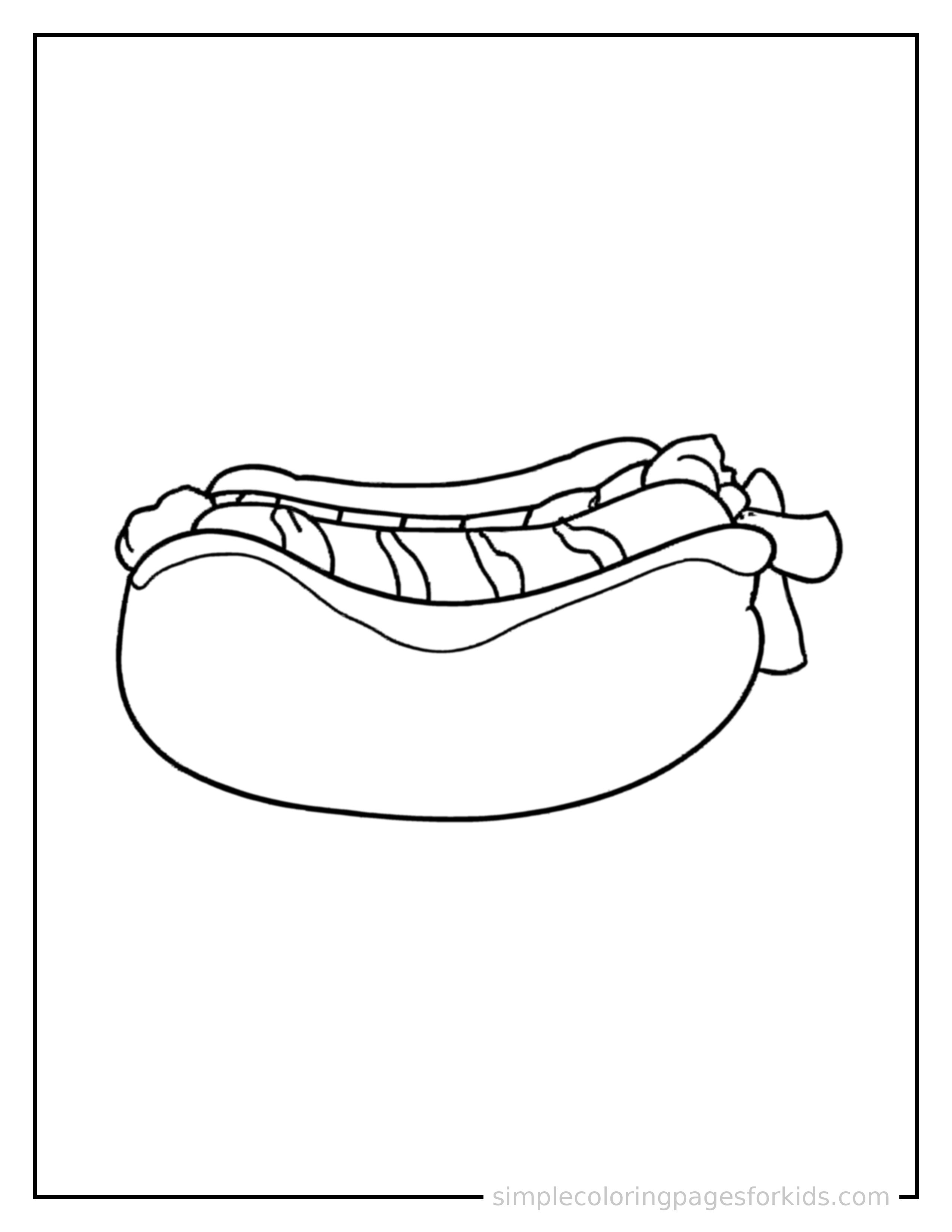 Free printable hot dog with mustard coloring page featuring a cute hot dog with mustard, decorated with a simple bow or ribbon for a festive touch.