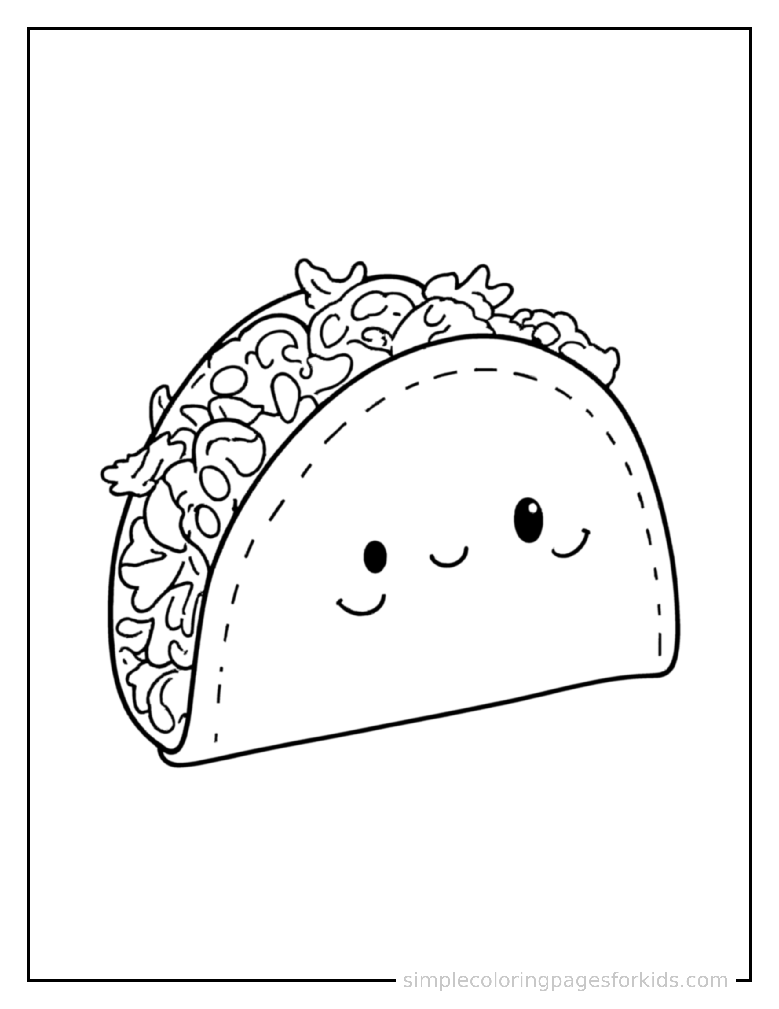 Free printable taco with lettuce and tomato coloring page featuring a cute taco with lettuce and tomato, shown as a simple central illustration with a cute smiling face.