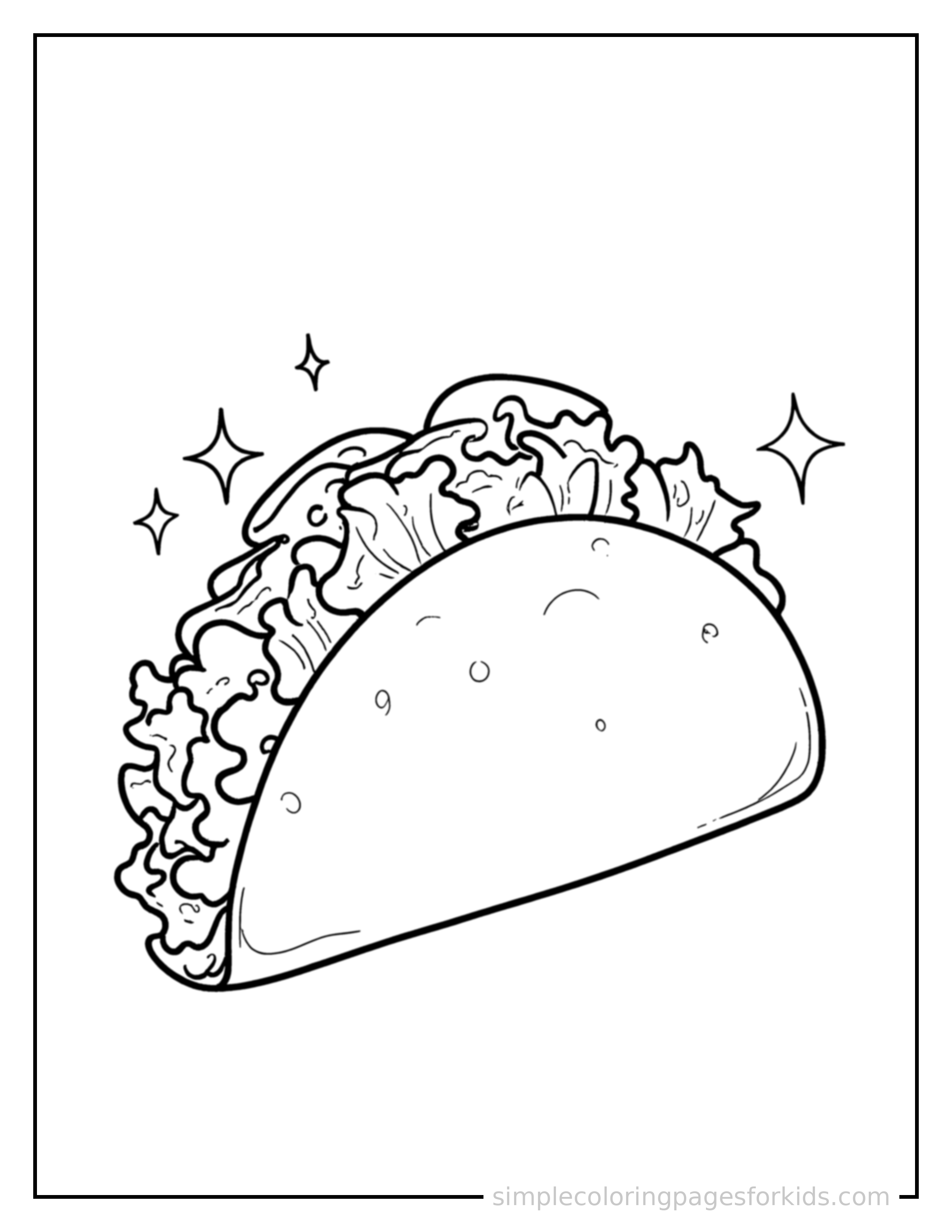 Free printable taco with lettuce and tomato coloring page featuring a cute taco with lettuce and tomato, shown from a slightly different angle with small decorative sparkle marks nearby.