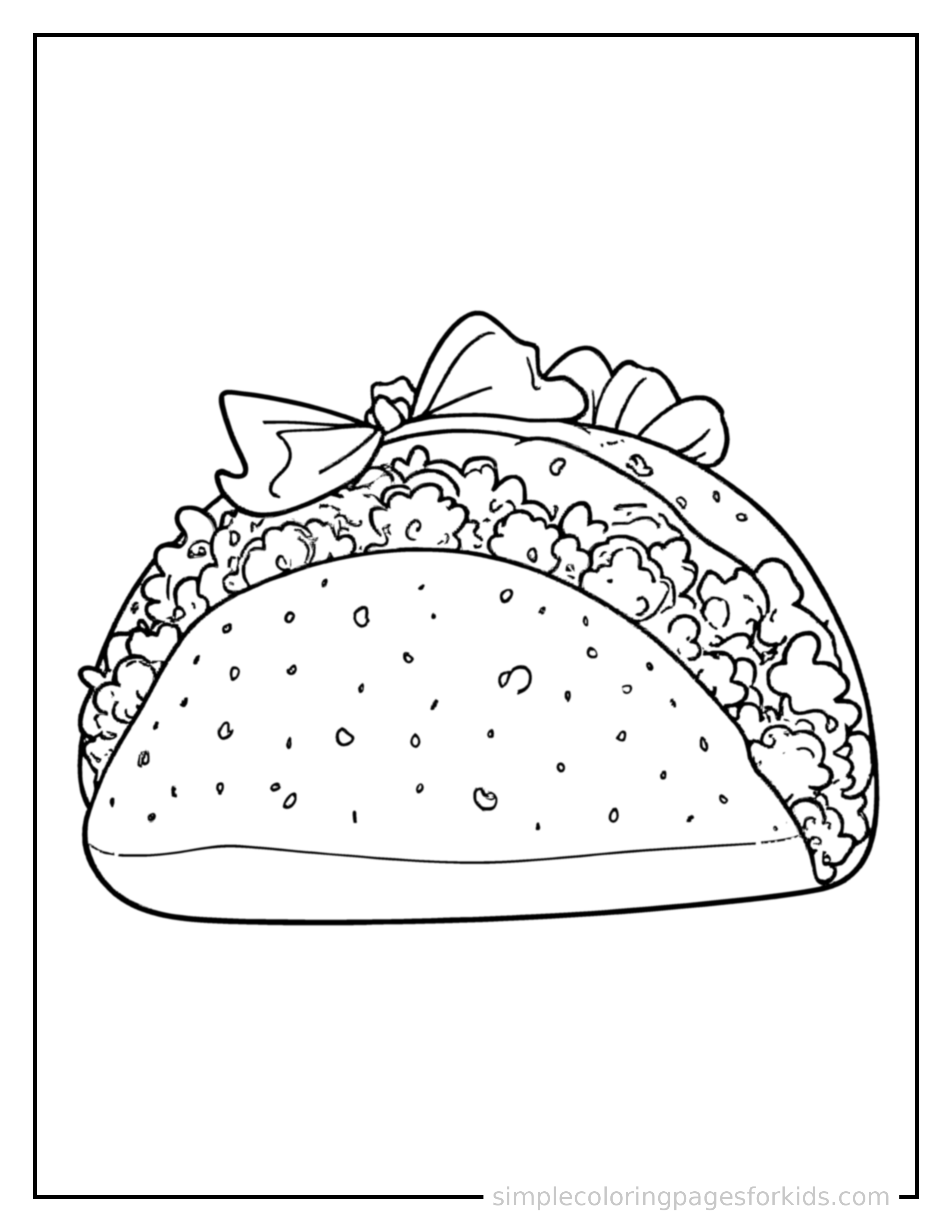 Free printable taco with lettuce and tomato coloring page featuring a cute taco with lettuce and tomato, decorated with a simple bow or ribbon for a festive touch.