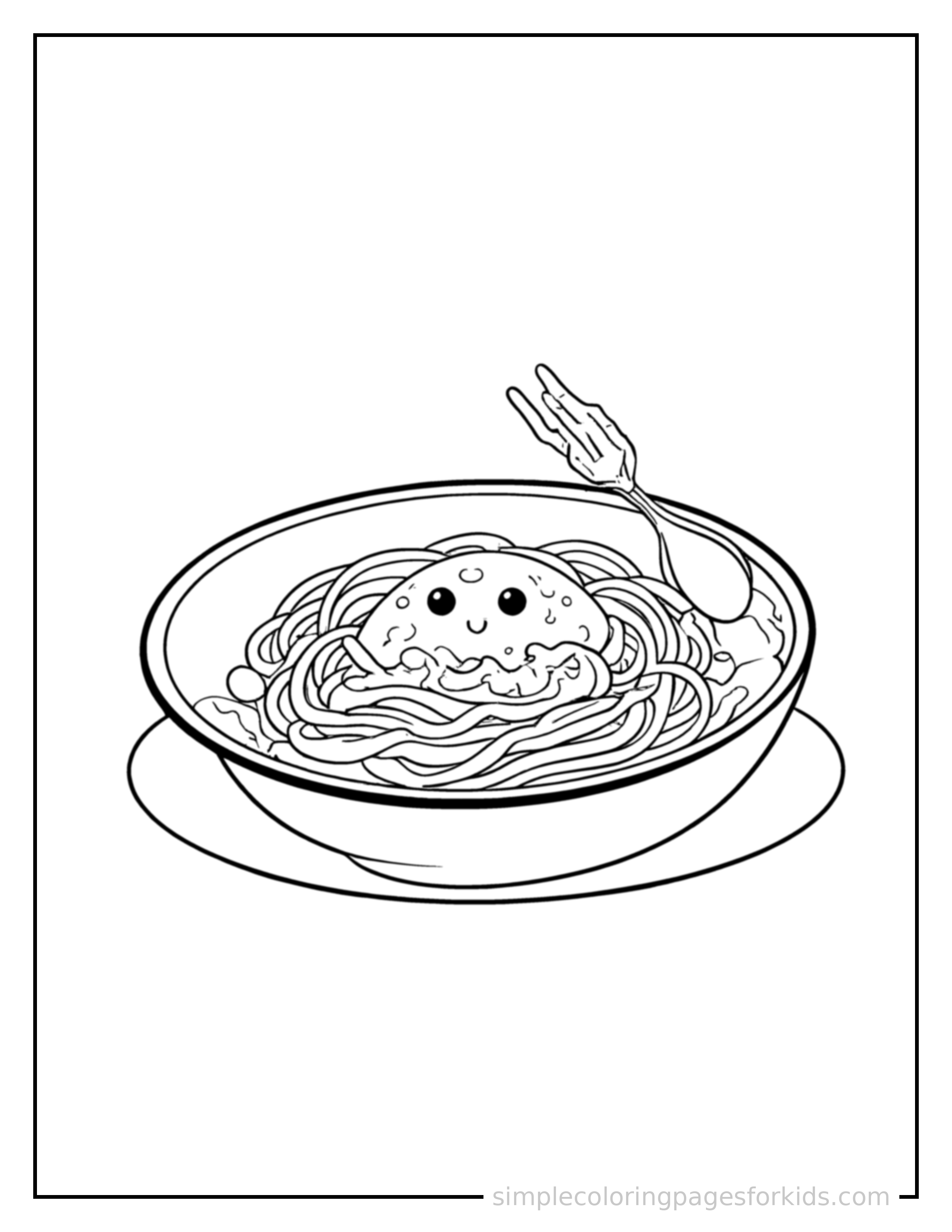 Free printable plate of spaghetti with sauce coloring page featuring a cute plate of spaghetti with sauce, shown as a simple central illustration with a cute smiling face.