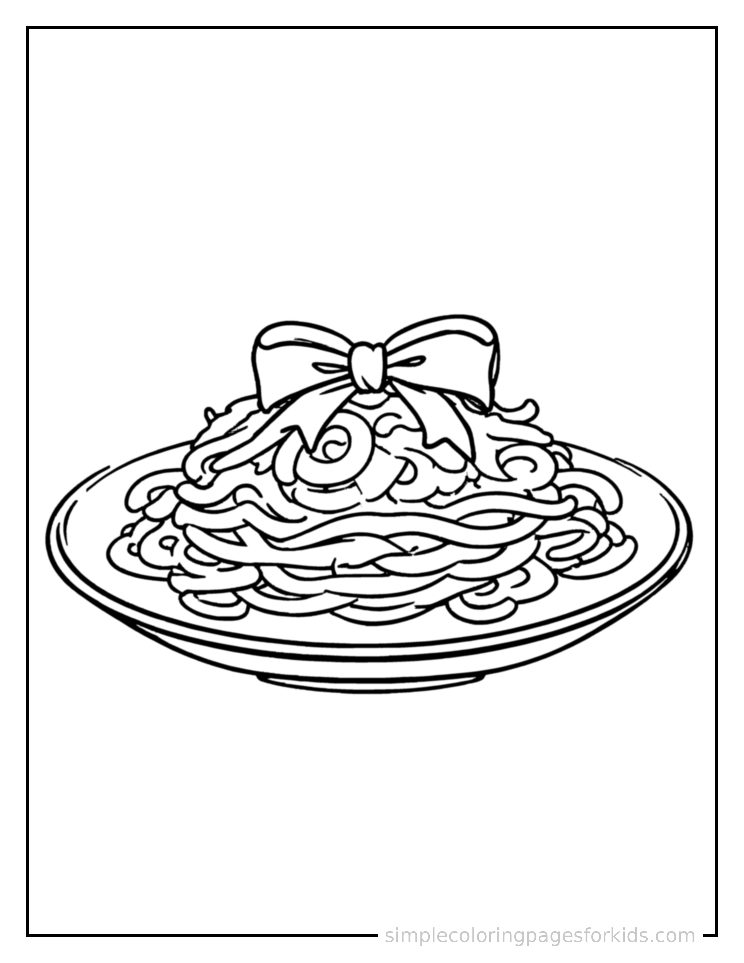 Free printable plate of spaghetti with sauce coloring page featuring a cute plate of spaghetti with sauce, decorated with a simple bow or ribbon for a festive touch.