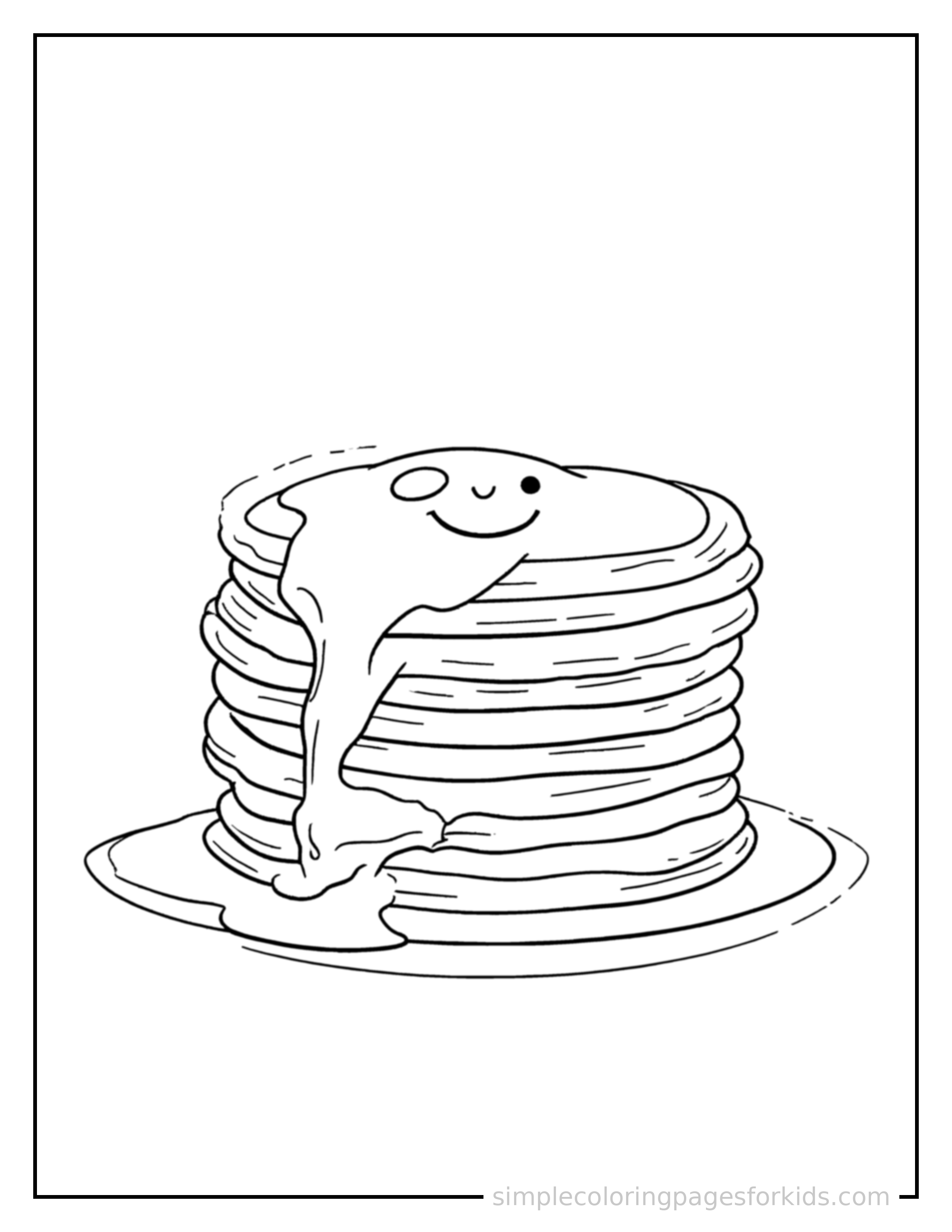 Free printable stack of pancakes with syrup coloring page featuring a cute stack of pancakes with syrup, shown as a simple central illustration with a cute smiling face.
