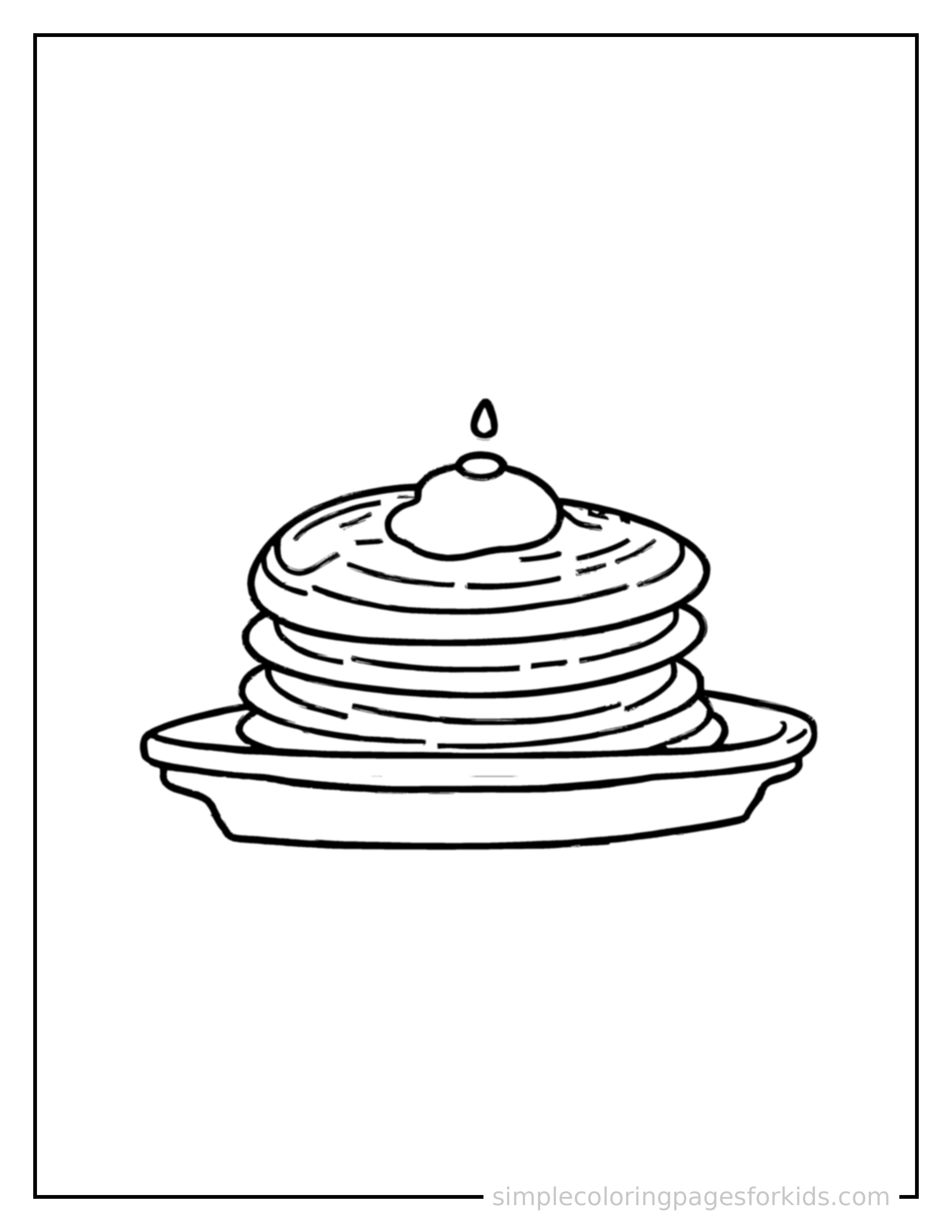 Free printable stack of pancakes with syrup coloring page featuring a cute stack of pancakes with syrup, shown with a smaller mini version of itself beside it.