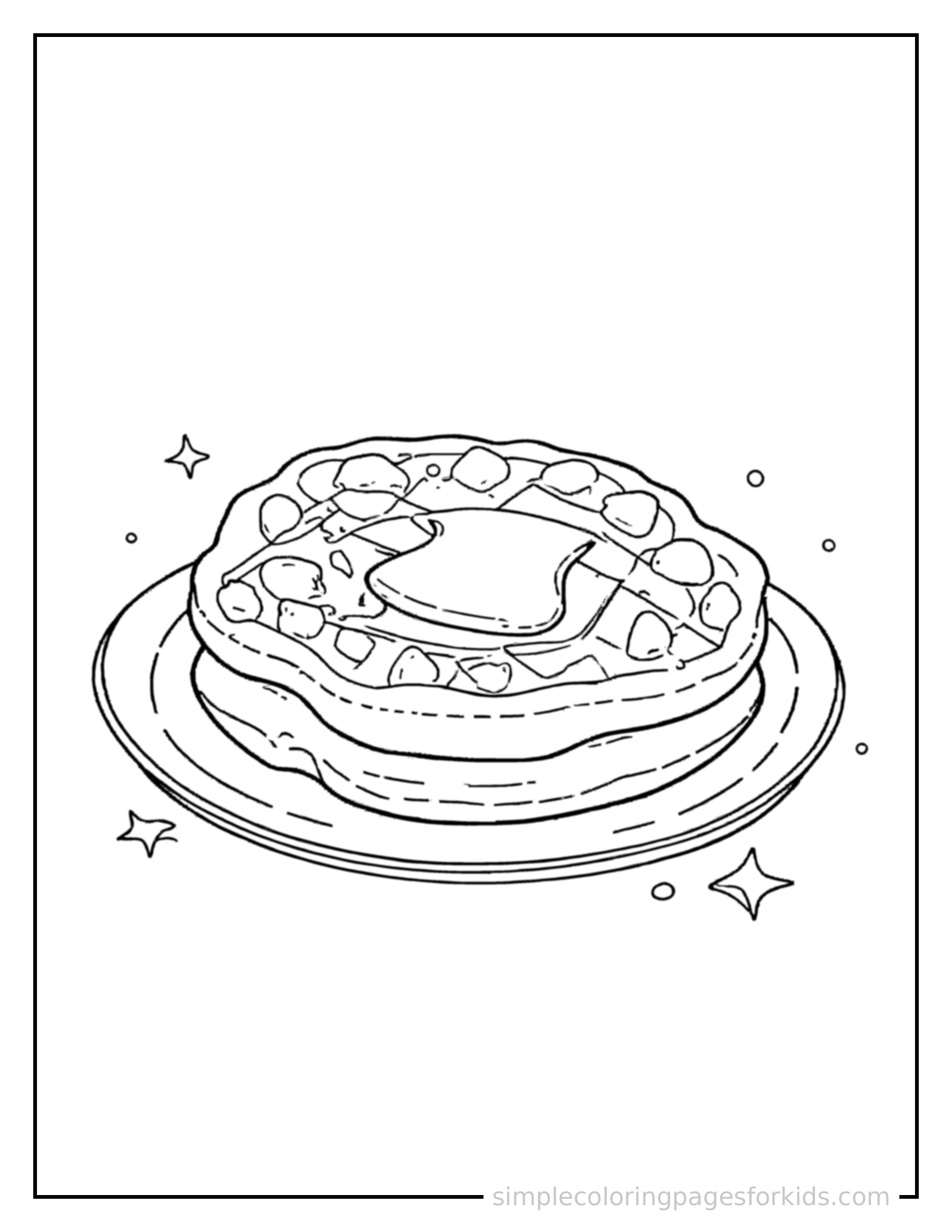 Free printable waffle with syrup and butter coloring page featuring a cute waffle with syrup and butter, shown from a slightly different angle with small decorative sparkle marks nearby.