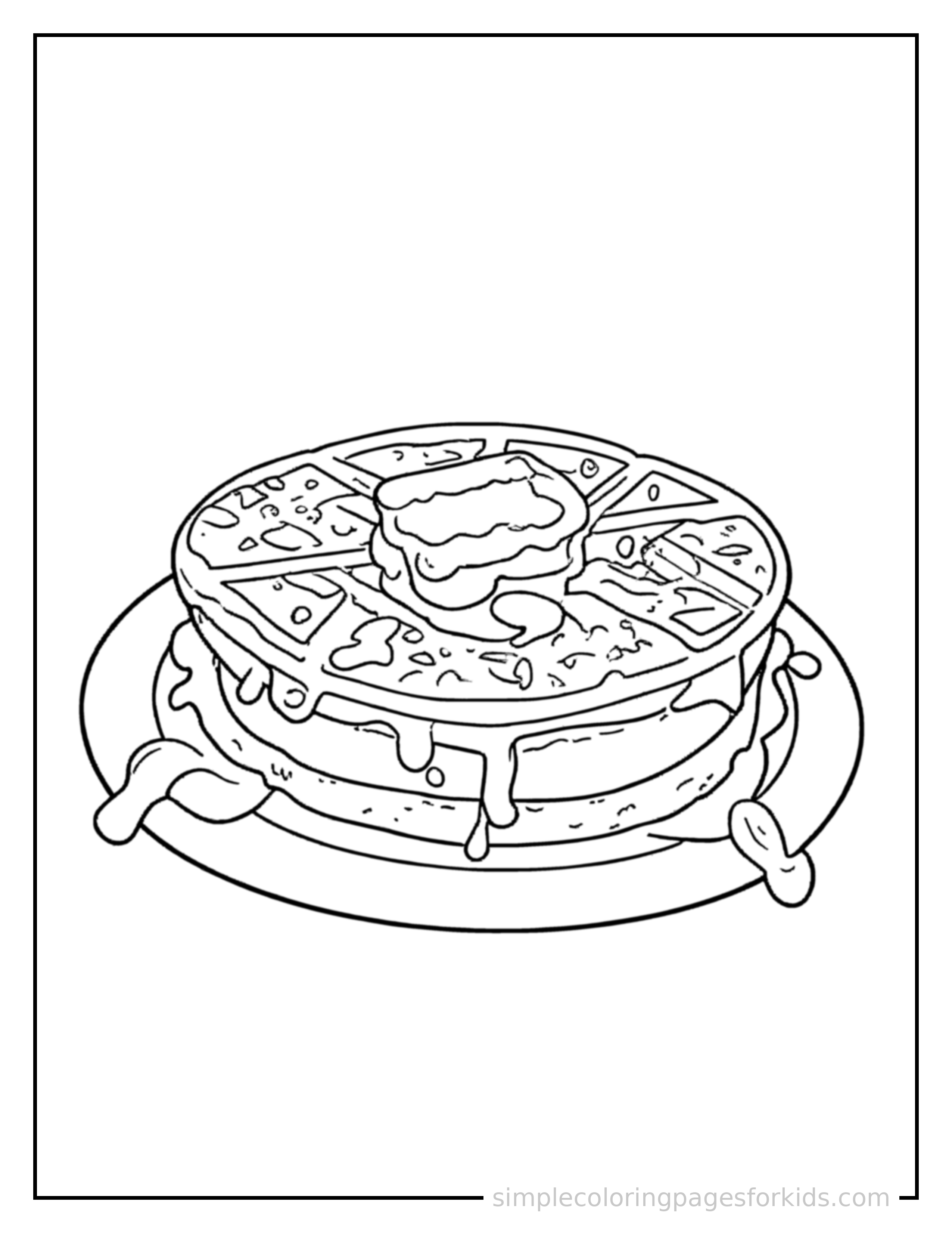 Free printable waffle with syrup and butter coloring page featuring a cute waffle with syrup and butter, decorated with a simple bow or ribbon for a festive touch.