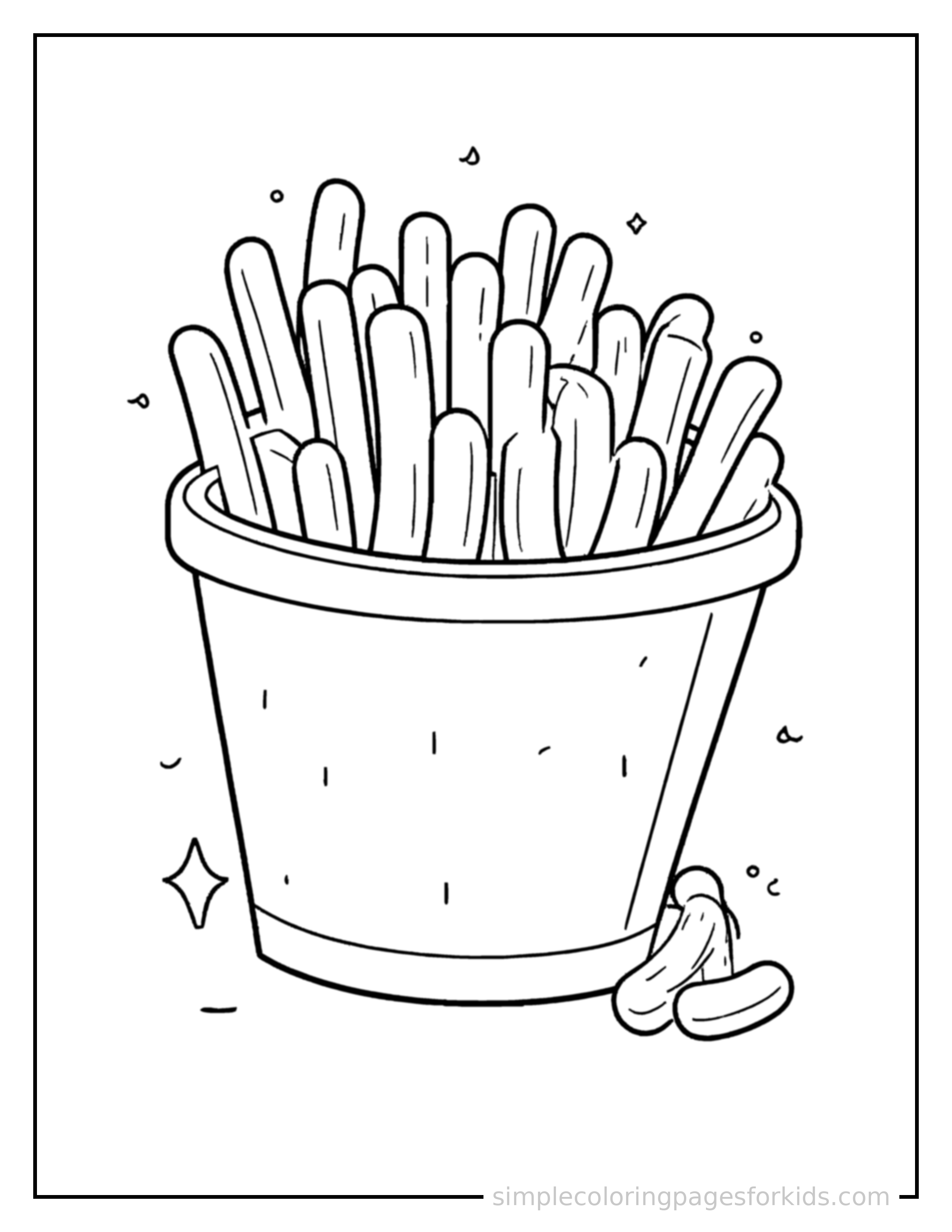 Free printable basket of french fries coloring page featuring a cute basket of french fries, shown from a slightly different angle with small decorative sparkle marks nearby.