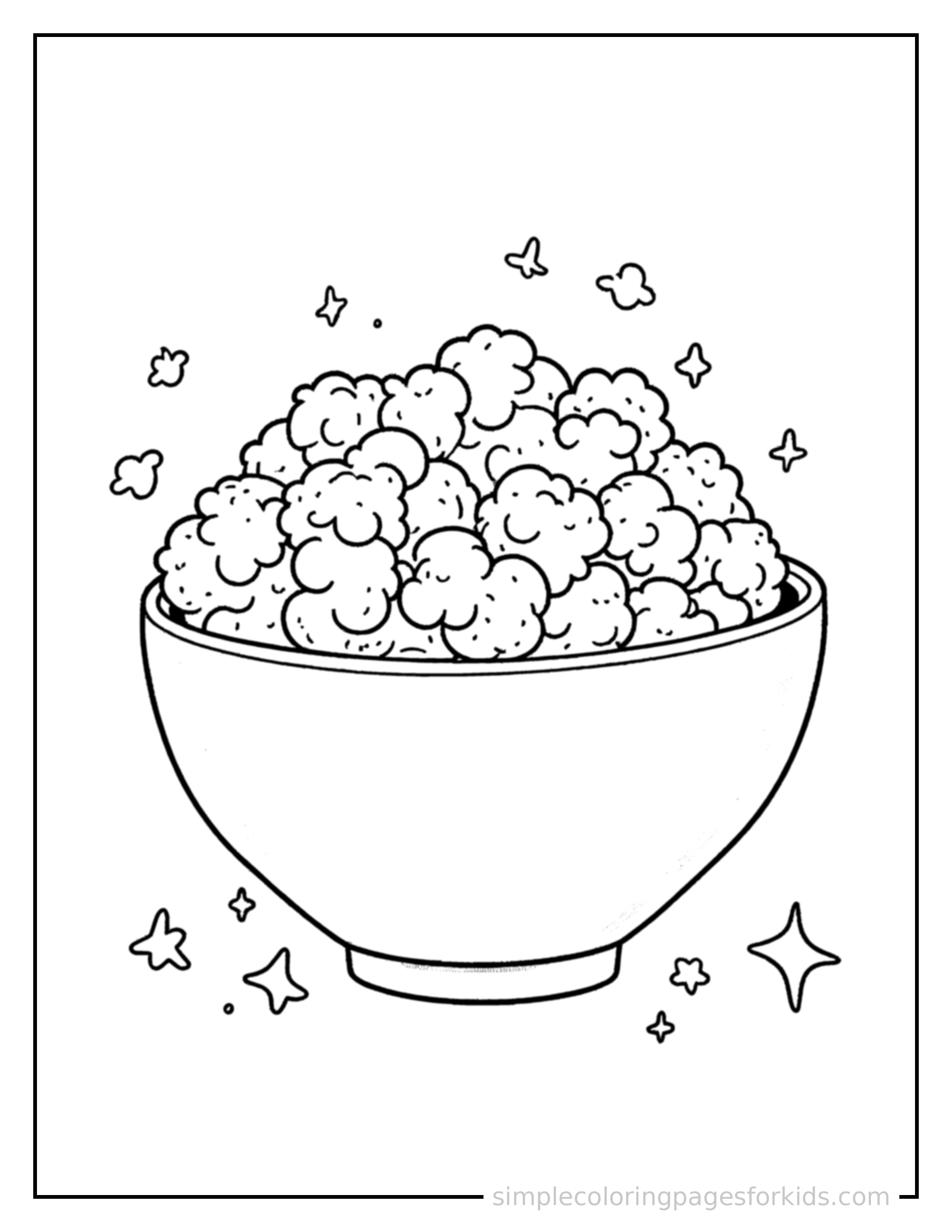 Free printable bowl of popcorn coloring page featuring a cute bowl of popcorn, shown from a slightly different angle with small decorative sparkle marks nearby.