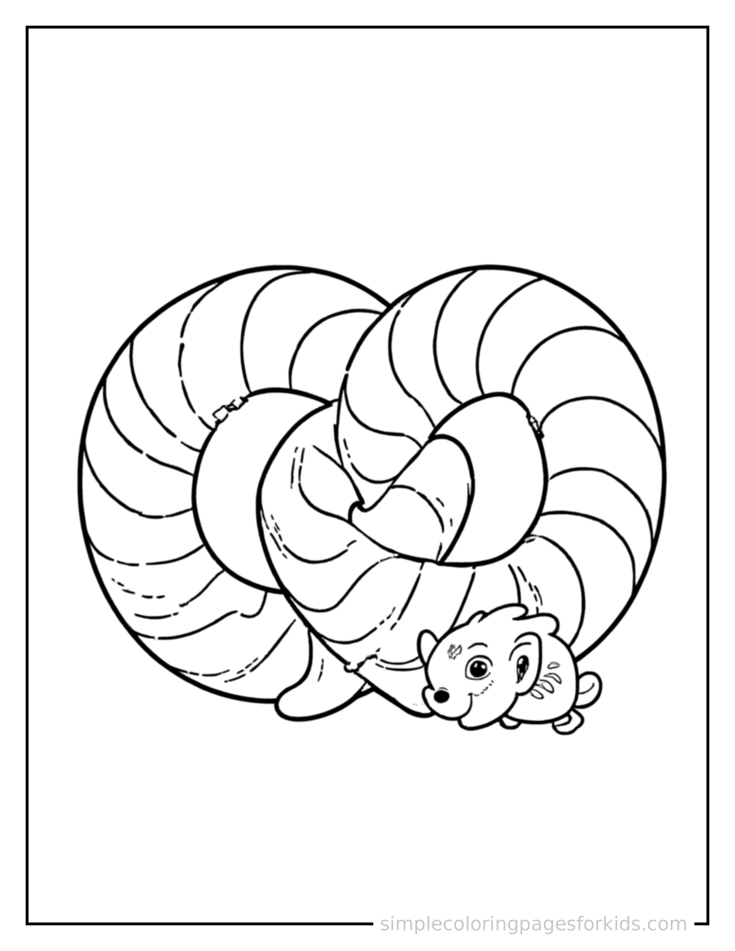 Free printable twisted pretzel coloring page featuring a cute twisted pretzel, shown with a smaller mini version of itself beside it.