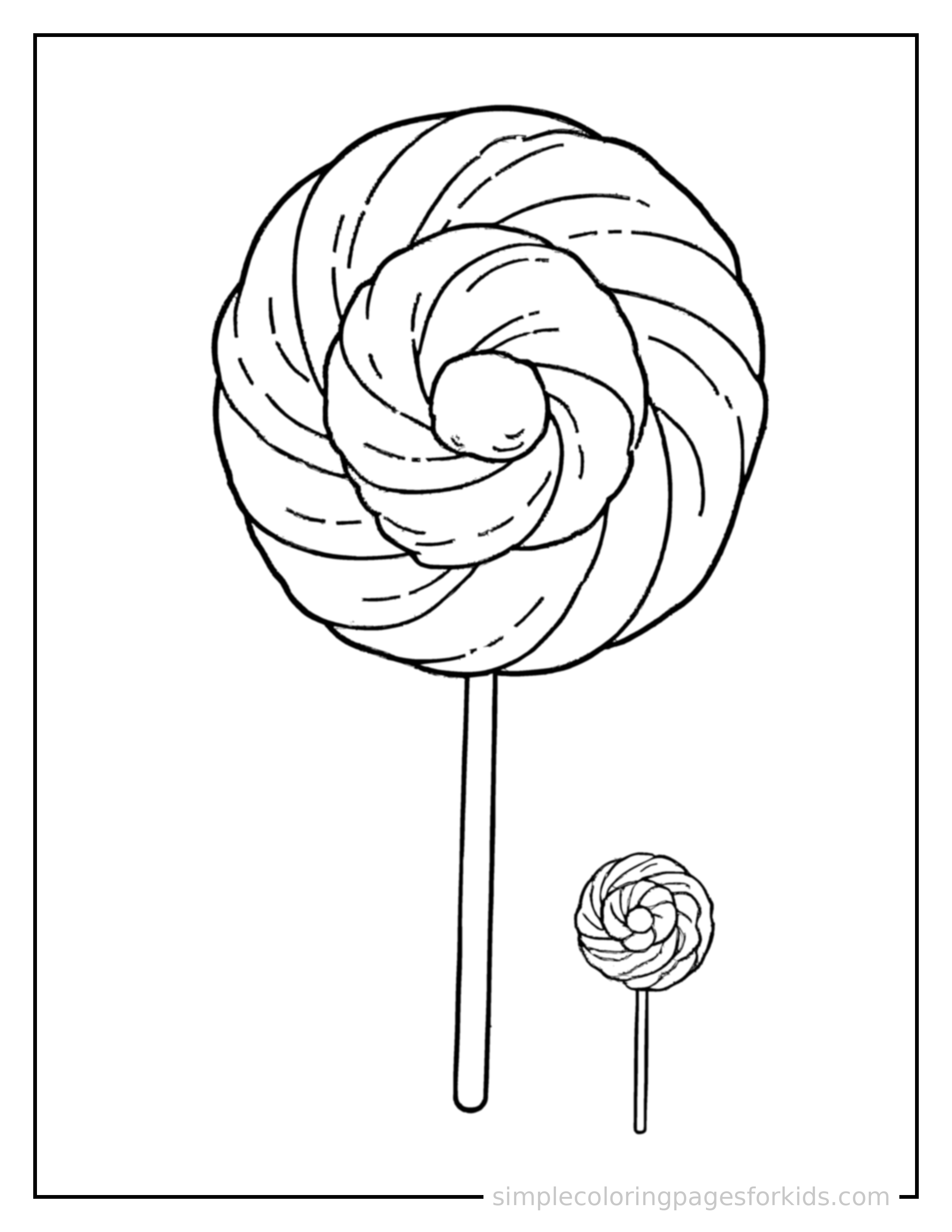 Free printable swirly lollipop coloring page featuring a cute swirly lollipop, shown with a smaller mini version of itself beside it.