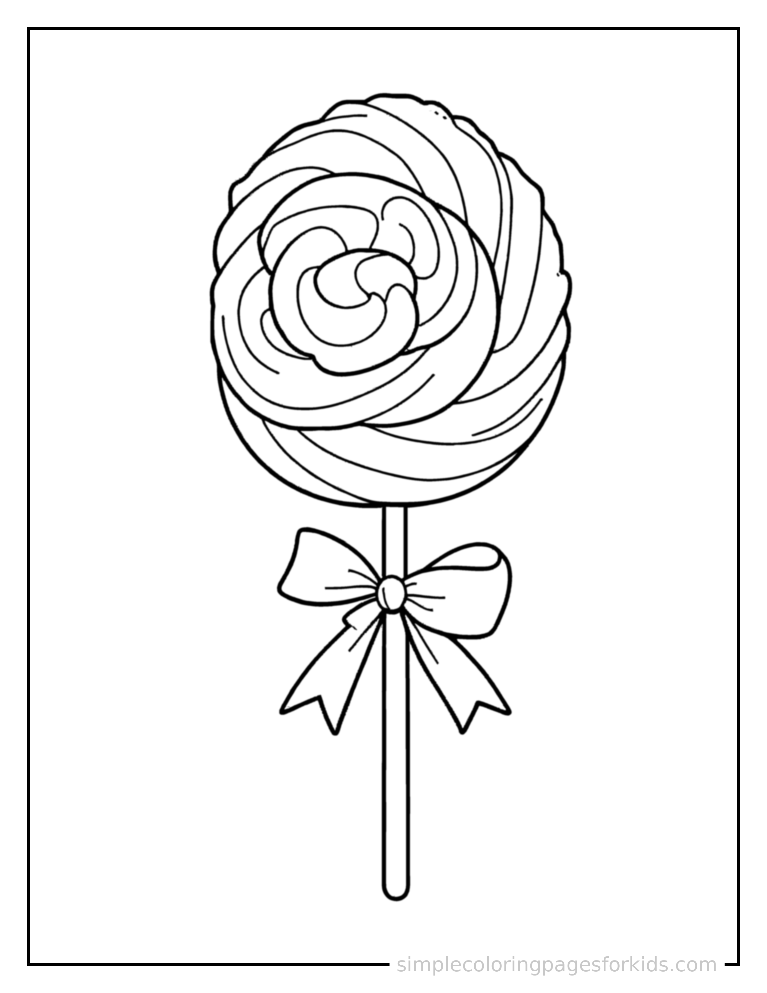 Free printable swirly lollipop coloring page featuring a cute swirly lollipop, decorated with a simple bow or ribbon for a festive touch.