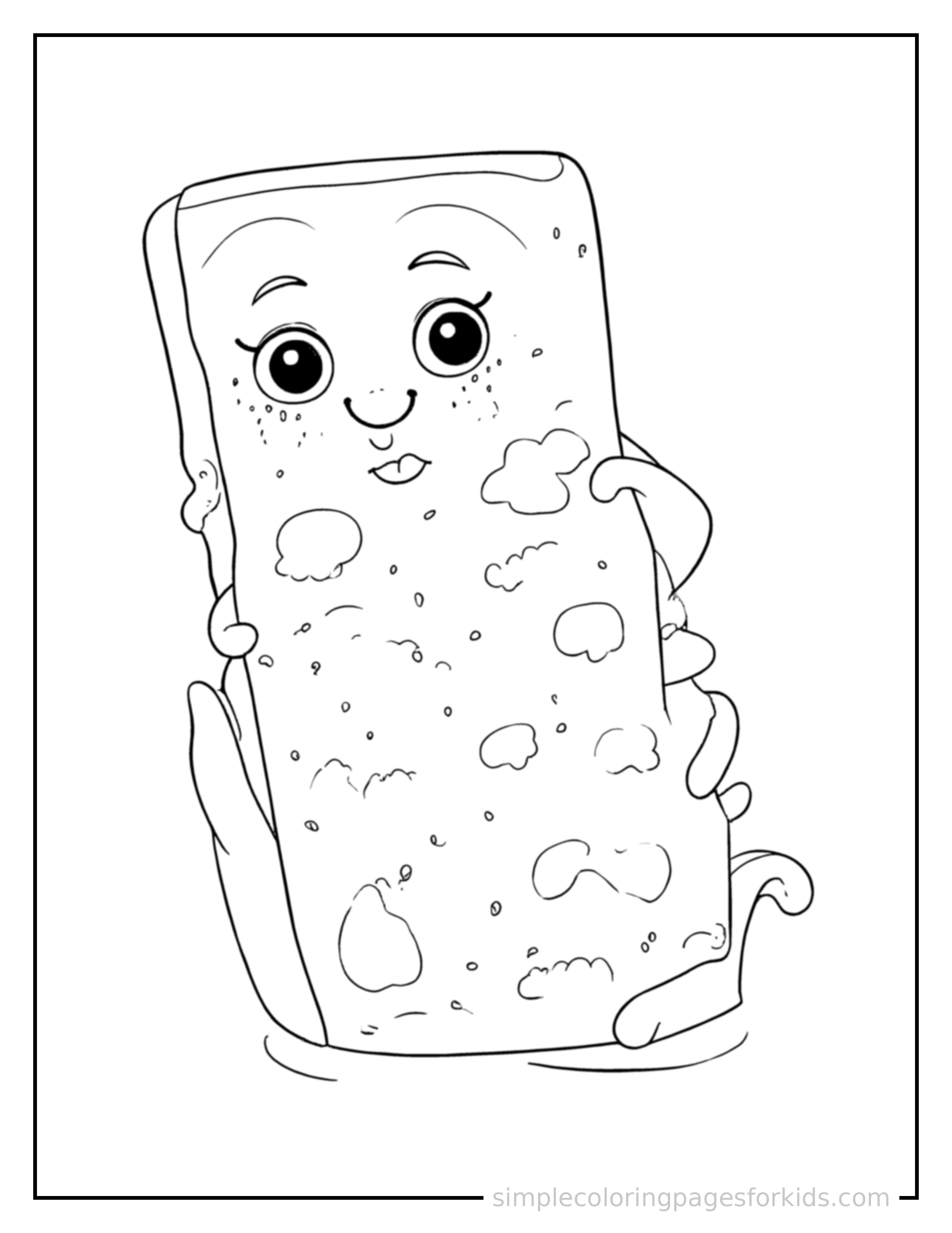 Free printable chocolate bar with sections coloring page featuring a cute chocolate bar with sections, shown as a simple central illustration with a cute smiling face.