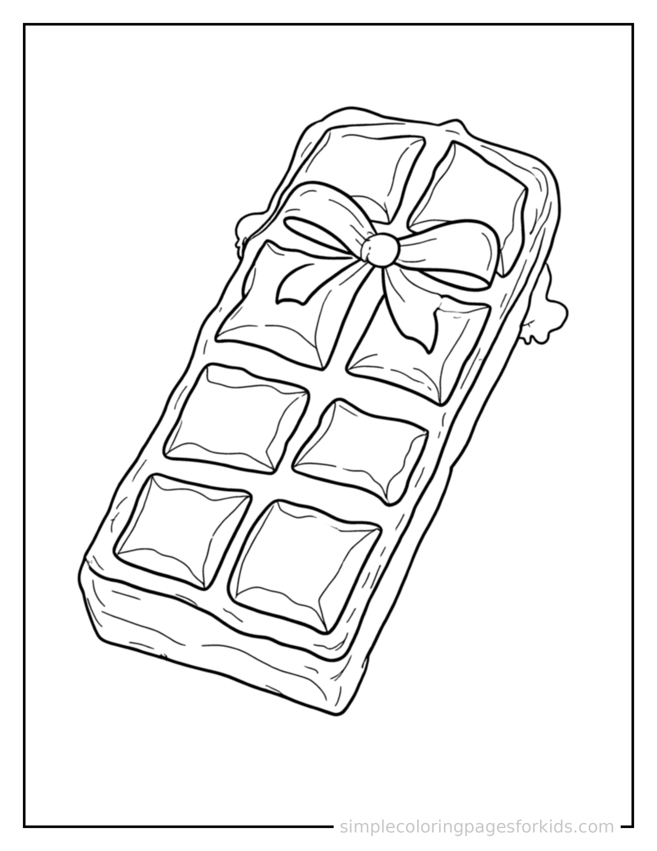 Free printable chocolate bar with sections coloring page featuring a cute chocolate bar with sections, decorated with a simple bow or ribbon for a festive touch.