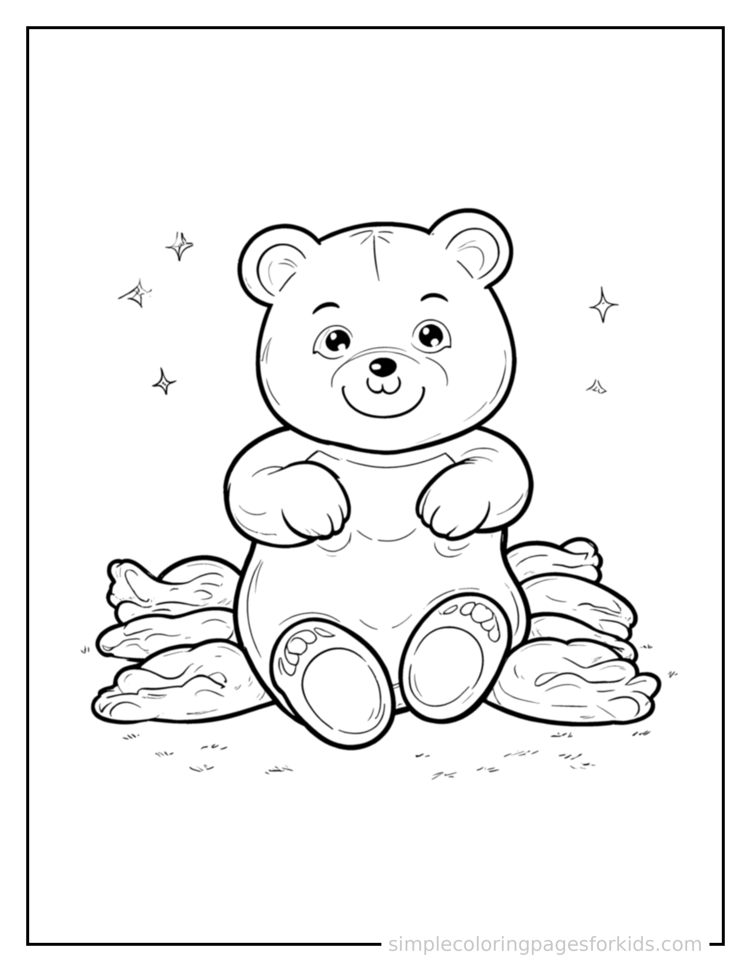 Free printable pile of gummy bears coloring page featuring a cute pile of gummy bears, shown from a slightly different angle with small decorative sparkle marks nearby.