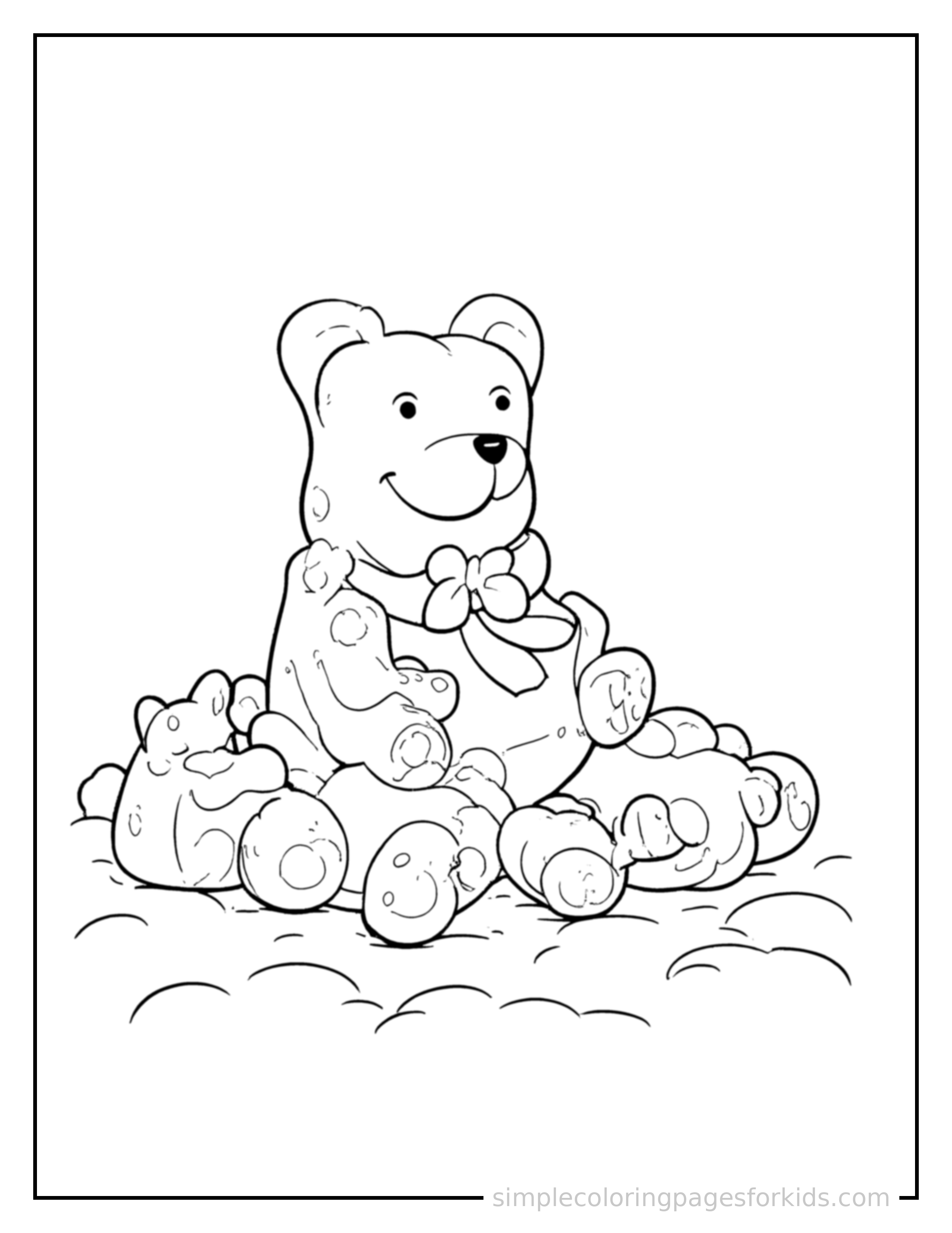 Free printable pile of gummy bears coloring page featuring a cute pile of gummy bears, decorated with a simple bow or ribbon for a festive touch.