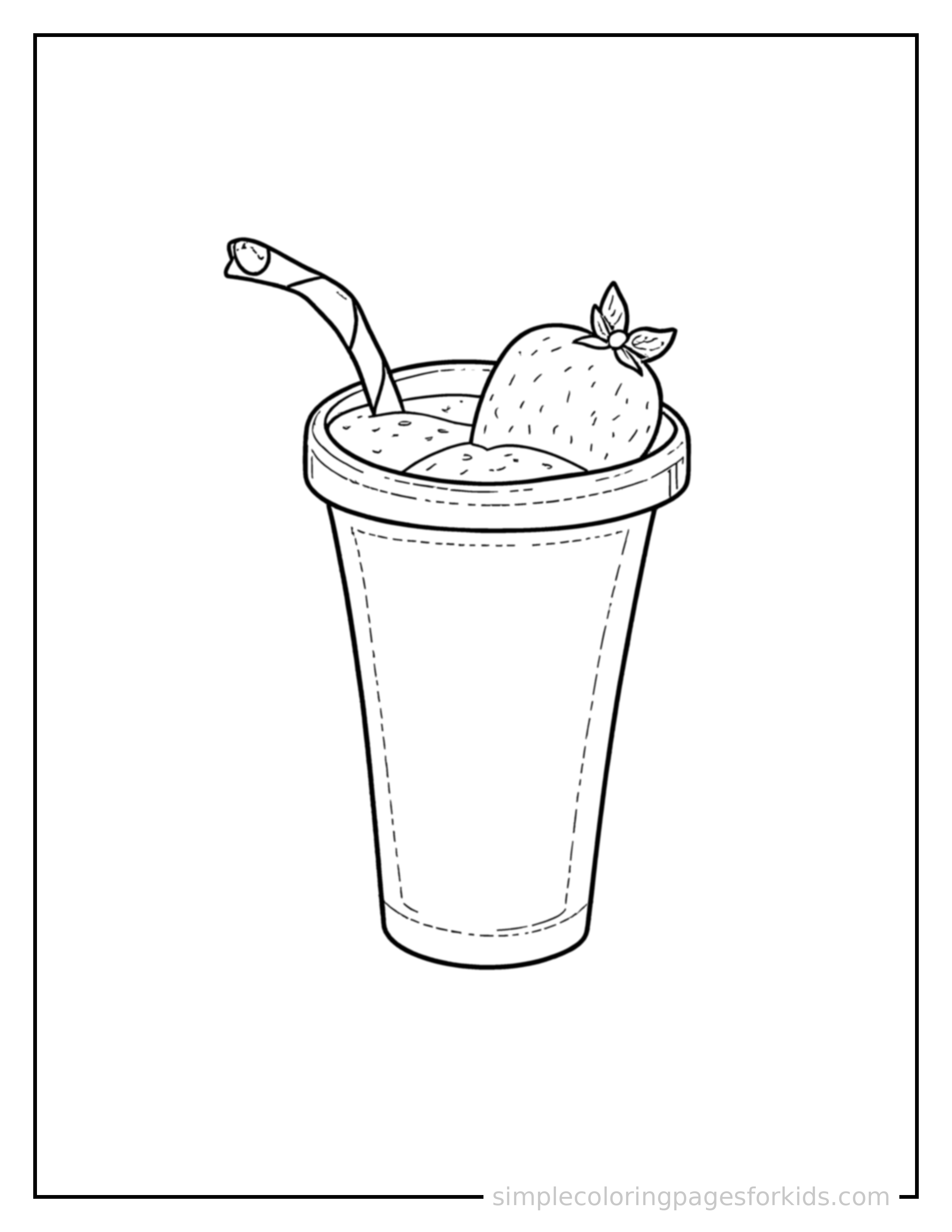 Free printable fruit smoothie in a cup coloring page featuring a cute fruit smoothie in a cup, decorated with a simple bow or ribbon for a festive touch.