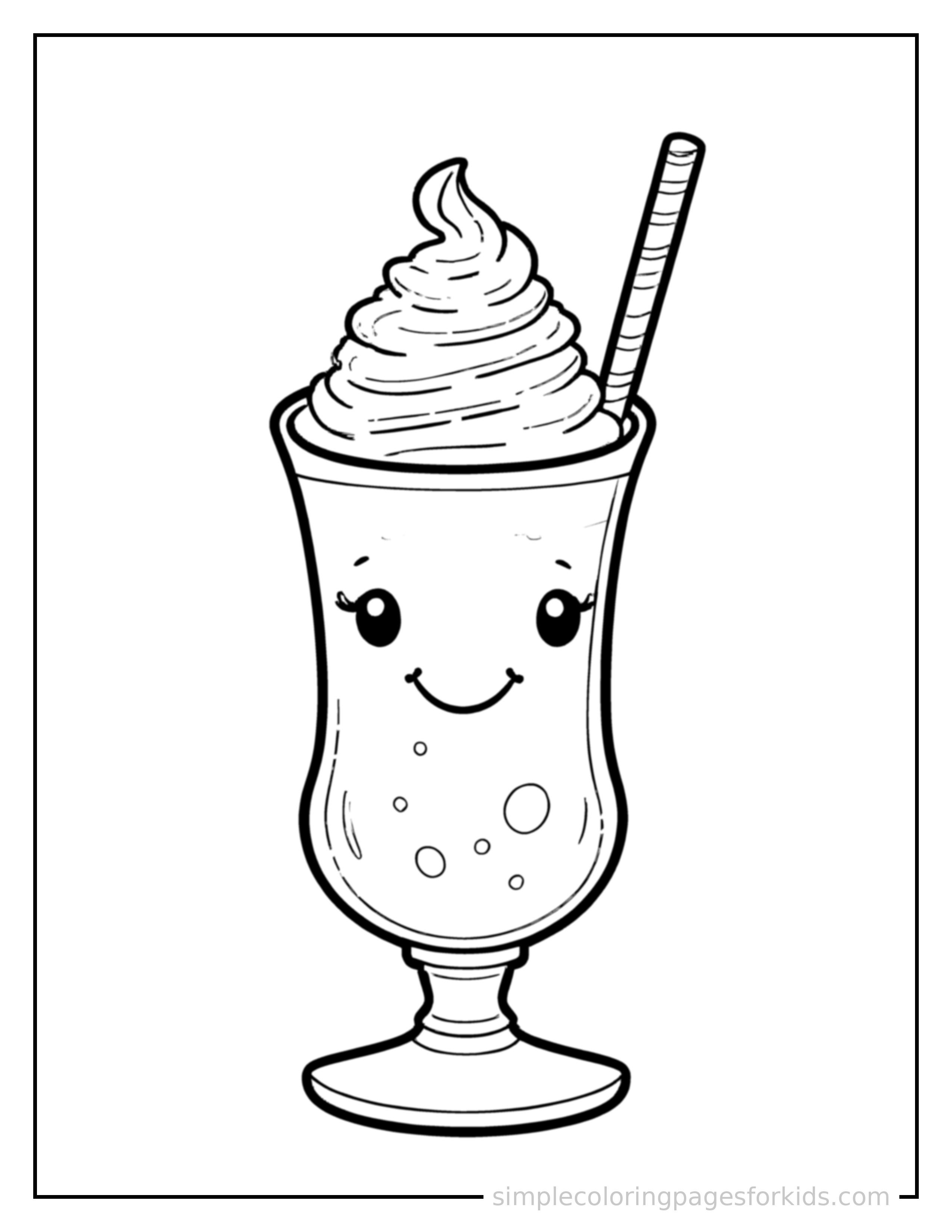 Free printable milkshake with whipped cream coloring page featuring a cute milkshake with whipped cream, shown as a simple central illustration with a cute smiling face.