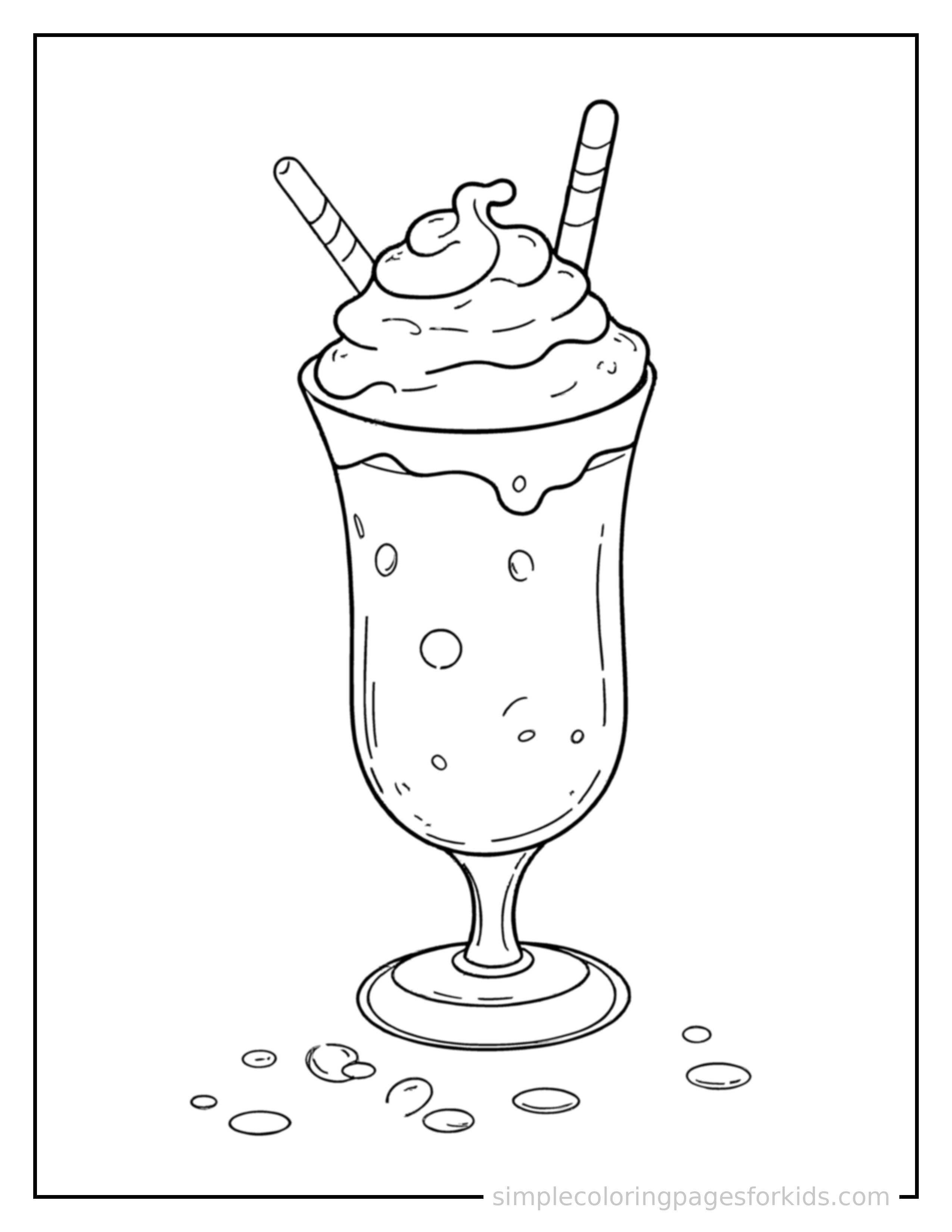 Free printable milkshake with whipped cream coloring page featuring a cute milkshake with whipped cream, shown from a slightly different angle with small decorative sparkle marks nearby.