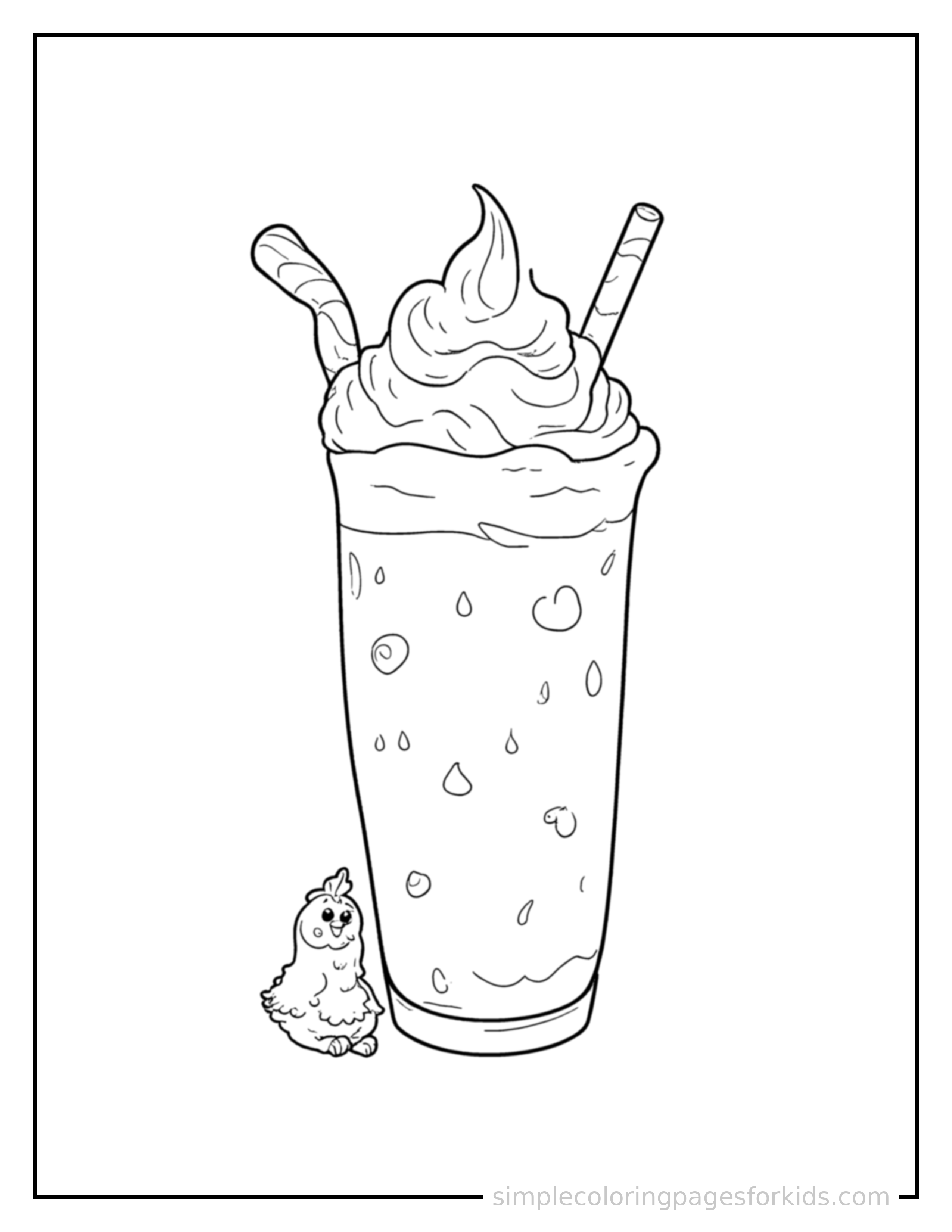 Free printable milkshake with whipped cream coloring page featuring a cute milkshake with whipped cream, shown with a smaller mini version of itself beside it.