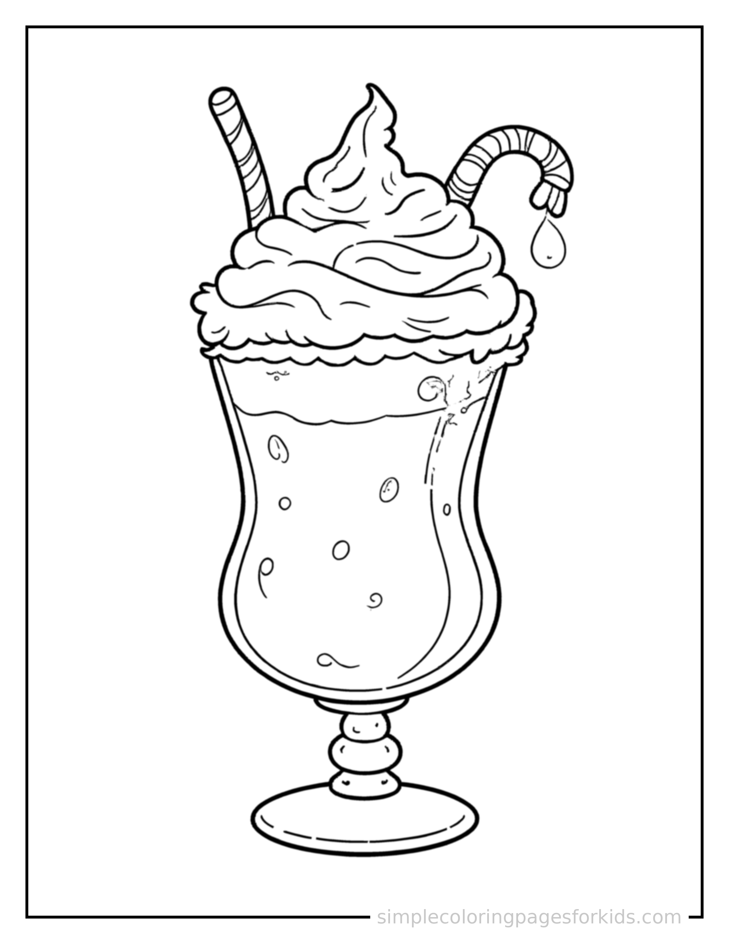 Free printable milkshake with whipped cream coloring page featuring a cute milkshake with whipped cream, decorated with a simple bow or ribbon for a festive touch.