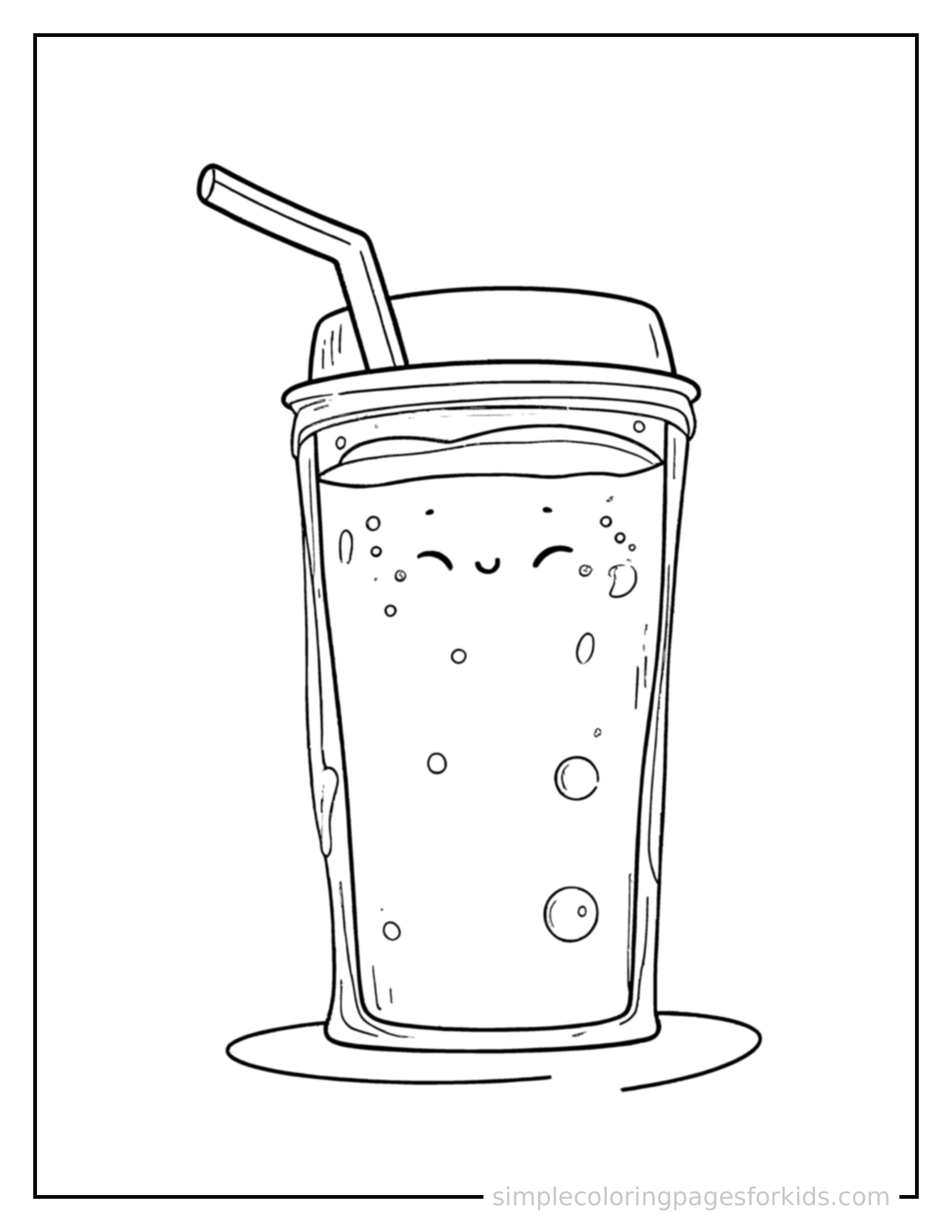 Free printable juice box with a straw coloring page featuring a cute juice box with a straw, shown as a simple central illustration with a cute smiling face.
