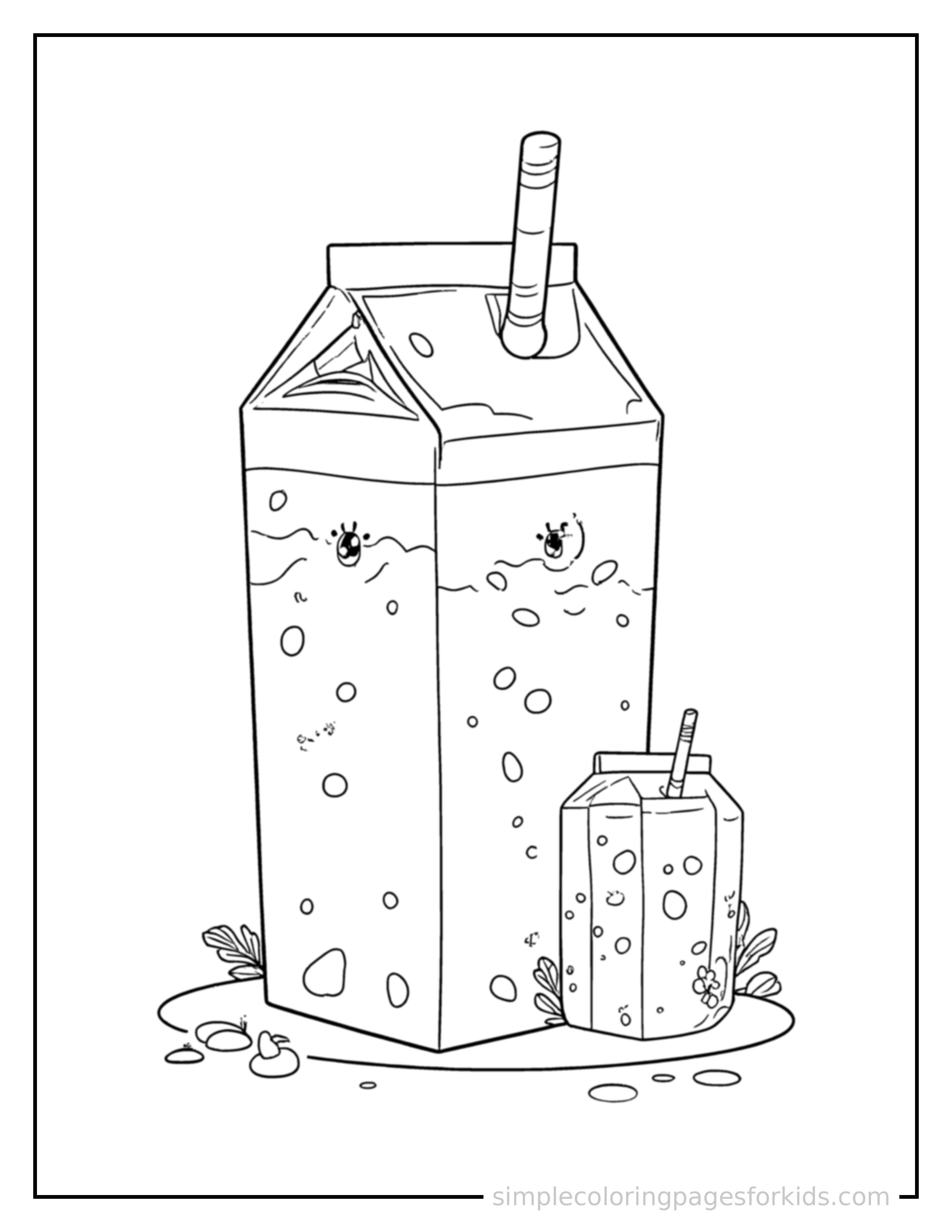 Free printable juice box with a straw coloring page featuring a cute juice box with a straw, shown with a smaller mini version of itself beside it.