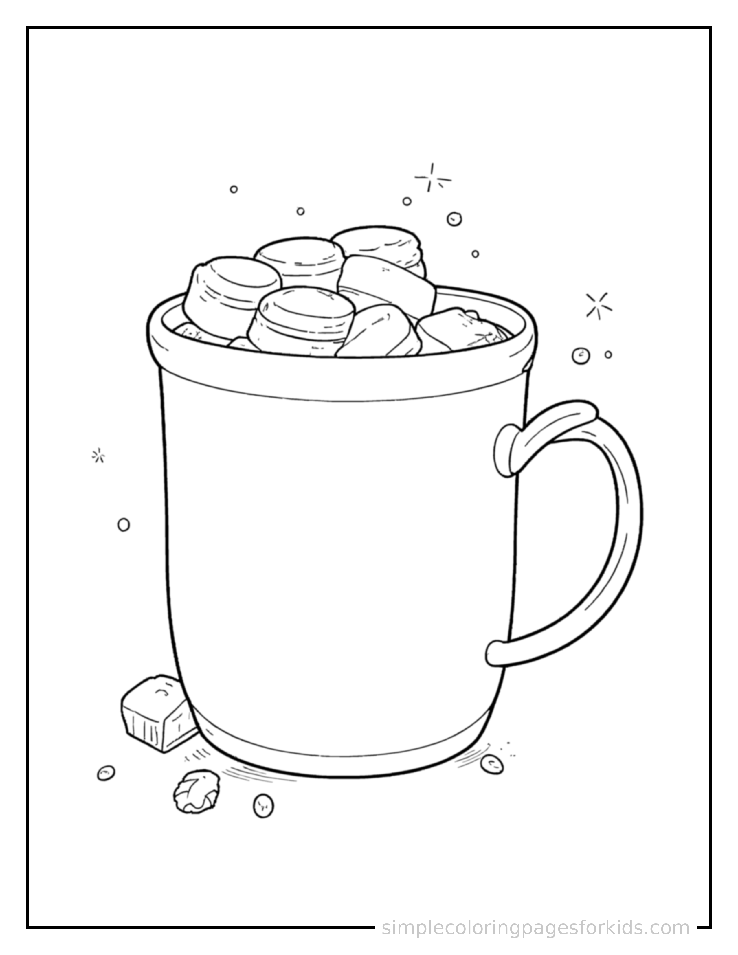 Free printable mug of hot chocolate with marshmallows coloring page featuring a cute mug of hot chocolate with marshmallows, shown from a slightly different angle with small decorative sparkle marks nearby.