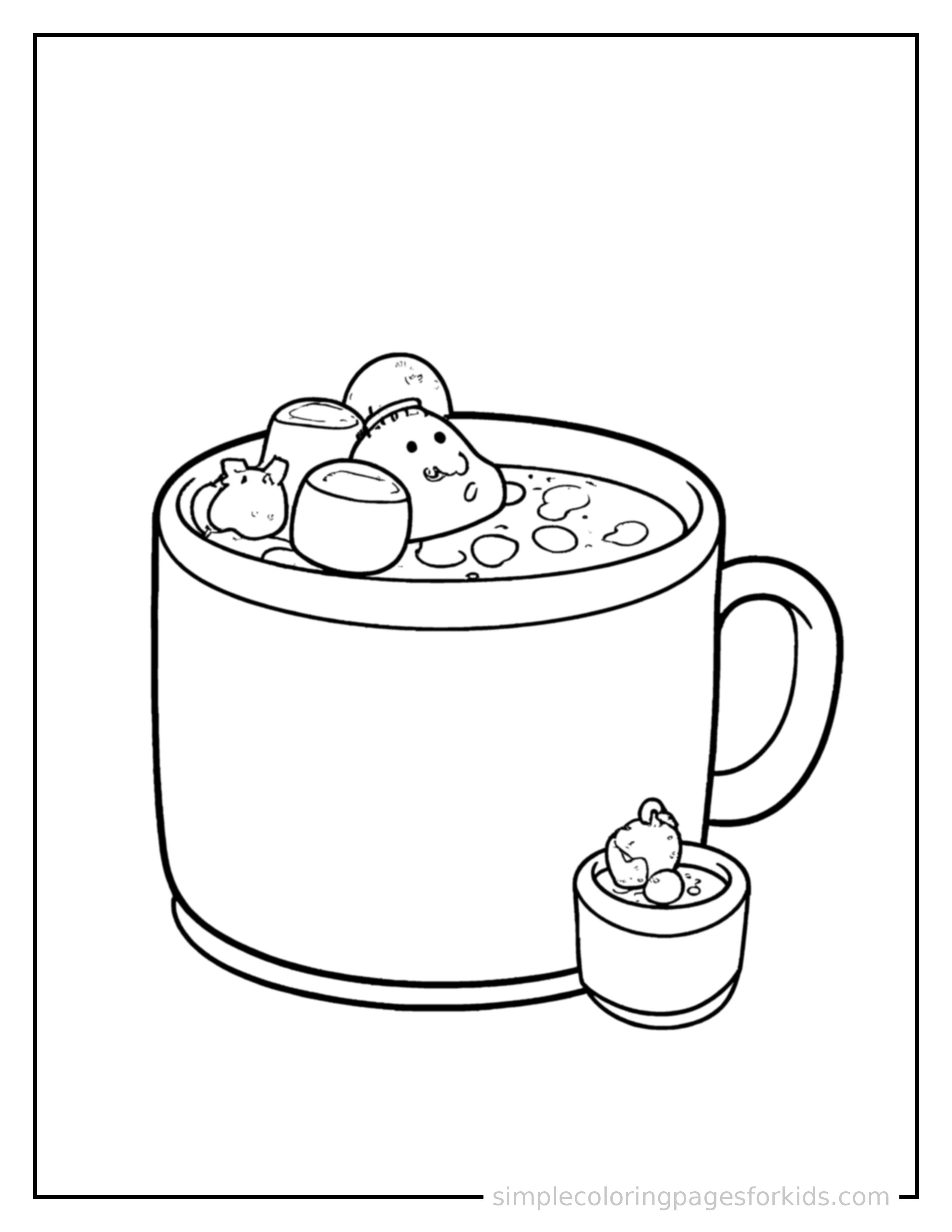 Free printable mug of hot chocolate with marshmallows coloring page featuring a cute mug of hot chocolate with marshmallows, shown with a smaller mini version of itself beside it.
