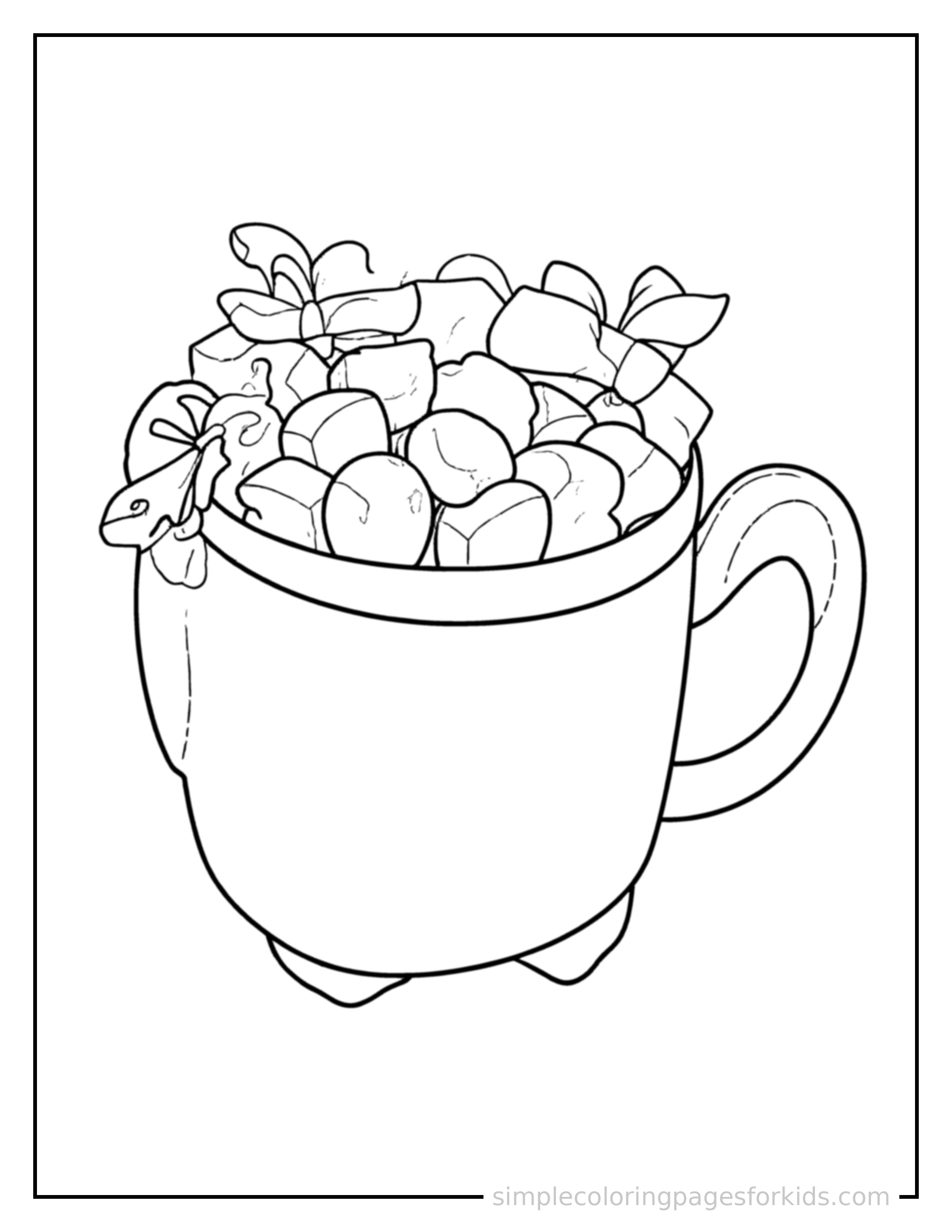 Free printable mug of hot chocolate with marshmallows coloring page featuring a cute mug of hot chocolate with marshmallows, decorated with a simple bow or ribbon for a festive touch.