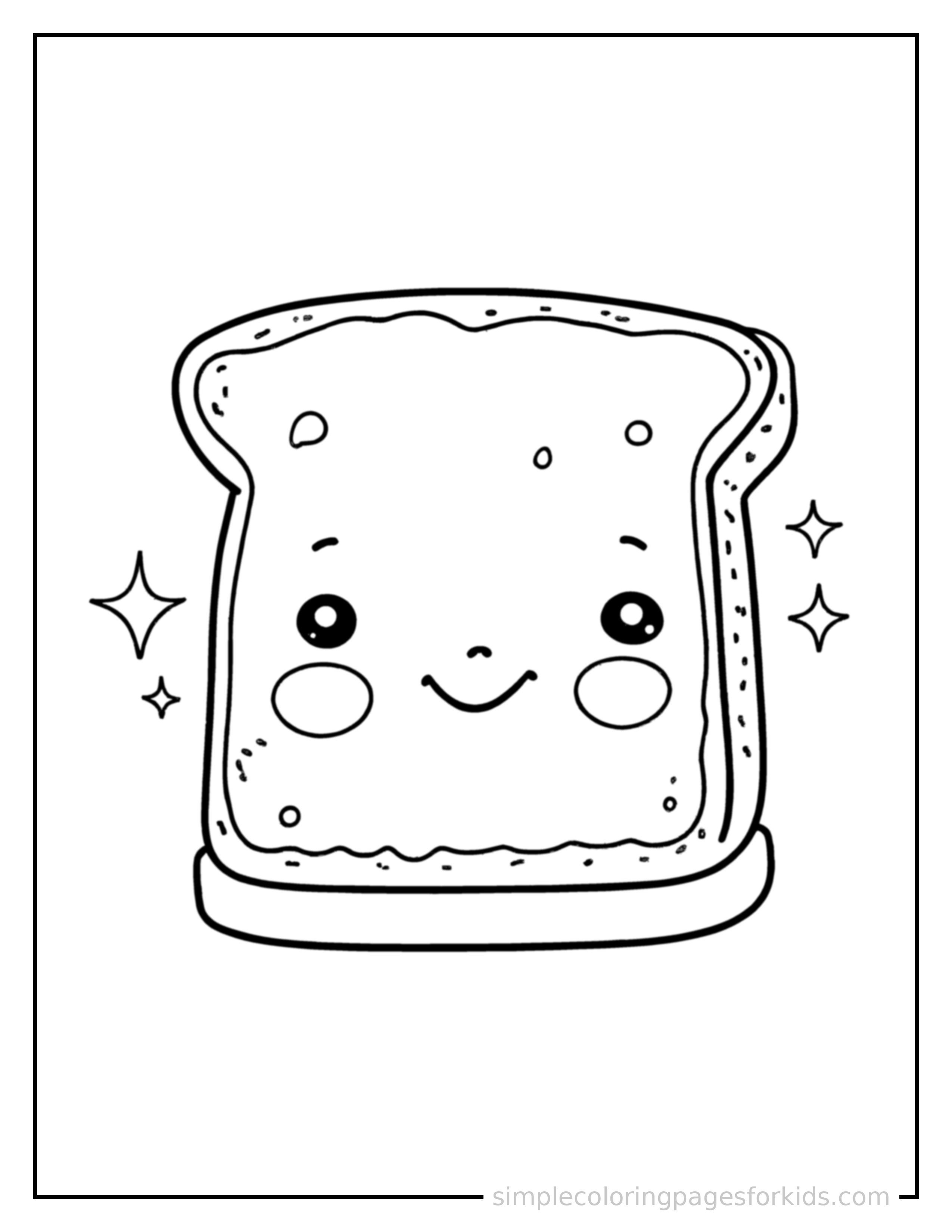 Free printable slice of toast with butter coloring page featuring a cute slice of toast with butter, shown from a slightly different angle with small decorative sparkle marks nearby.