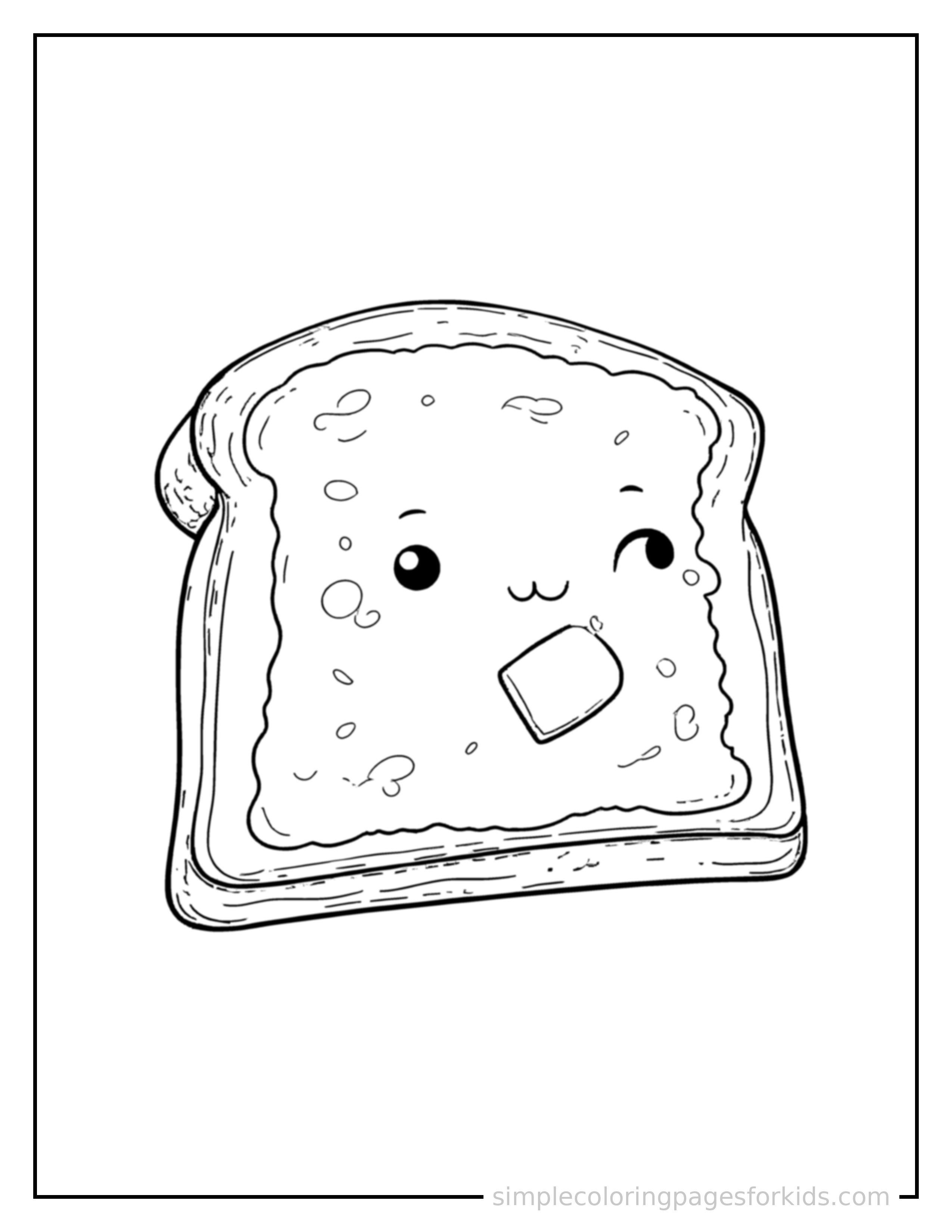 Free printable slice of toast with butter coloring page featuring a cute slice of toast with butter, shown with a smaller mini version of itself beside it.
