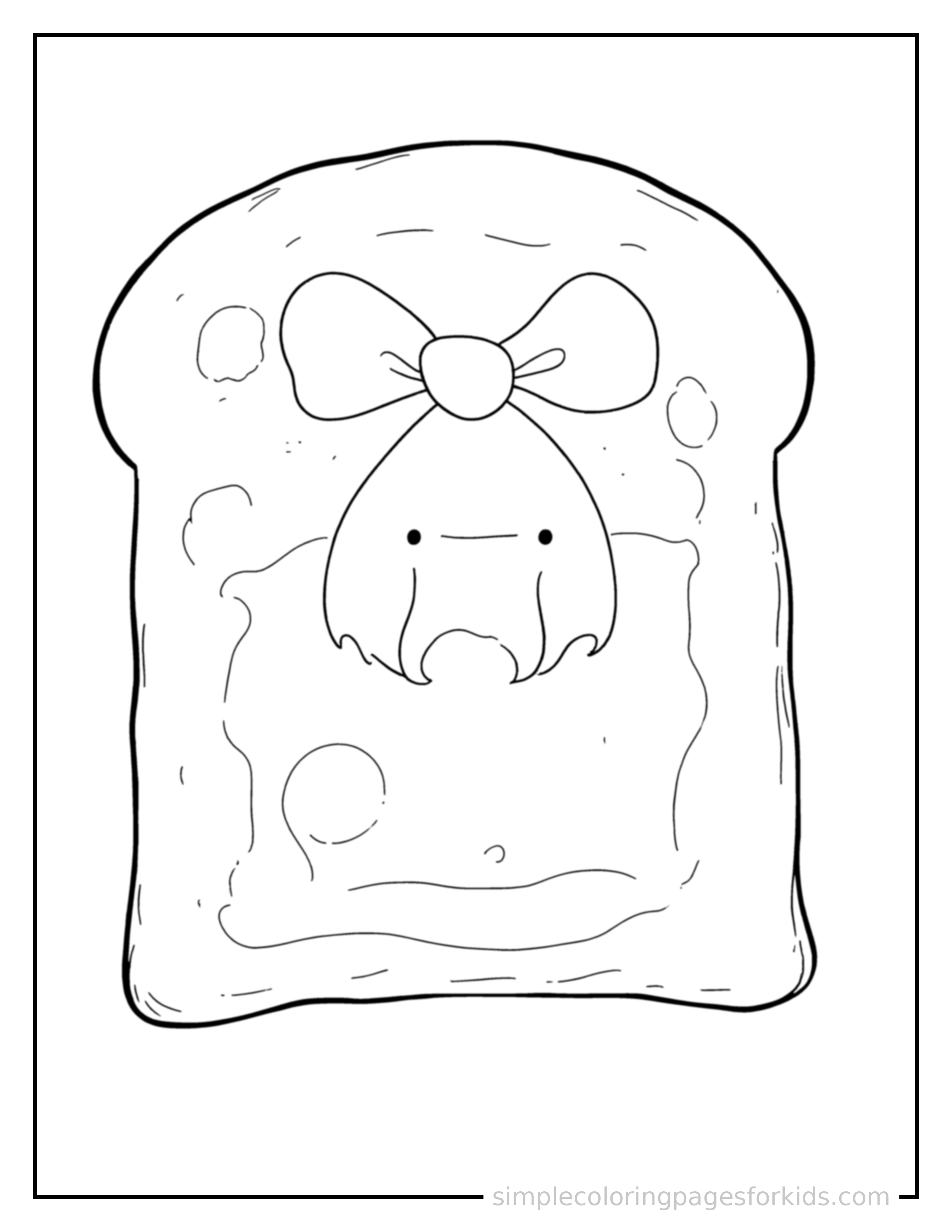 Free printable slice of toast with butter coloring page featuring a cute slice of toast with butter, decorated with a simple bow or ribbon for a festive touch.