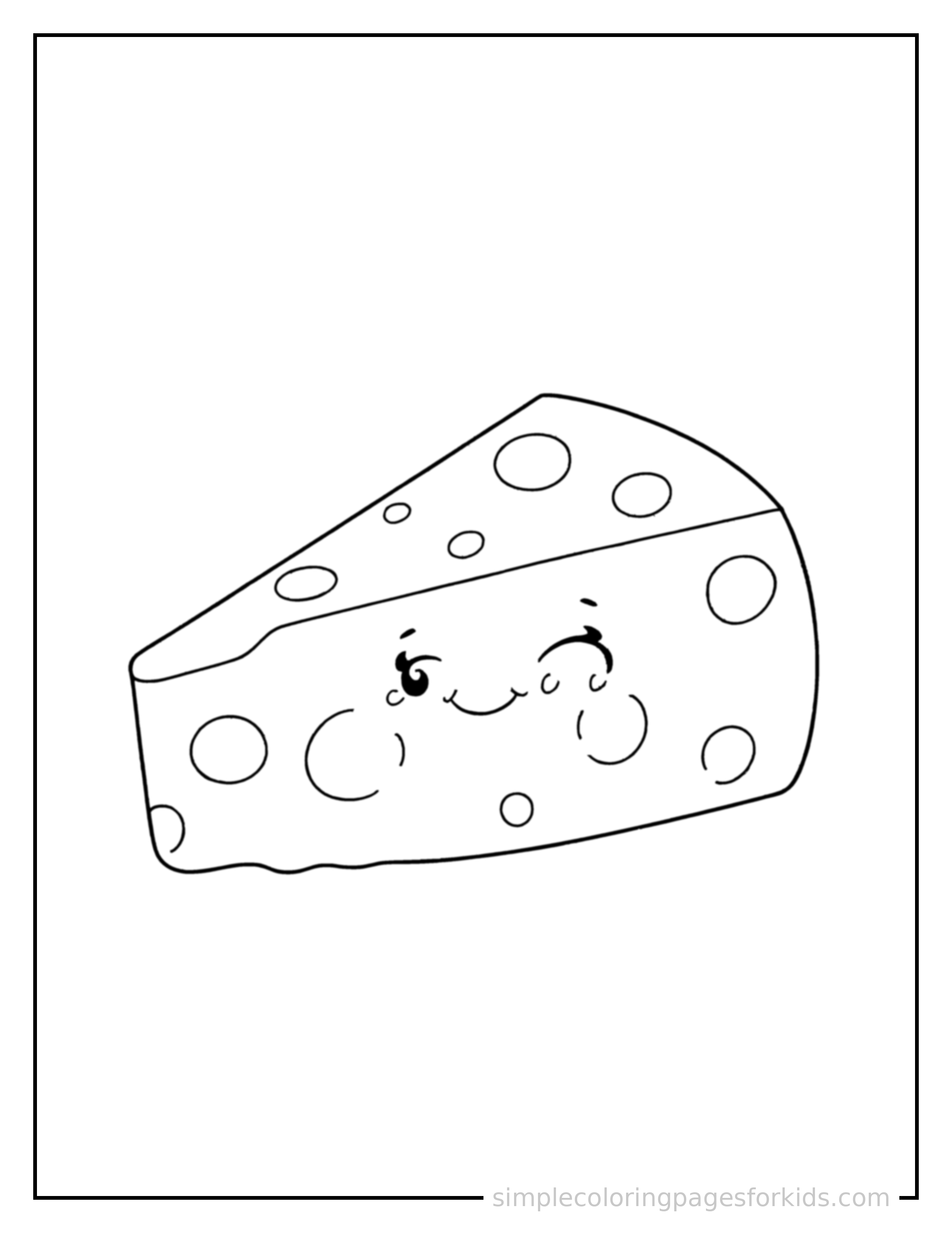 Free printable wedge of cheese coloring page featuring a cute wedge of cheese, shown as a simple central illustration with a cute smiling face.