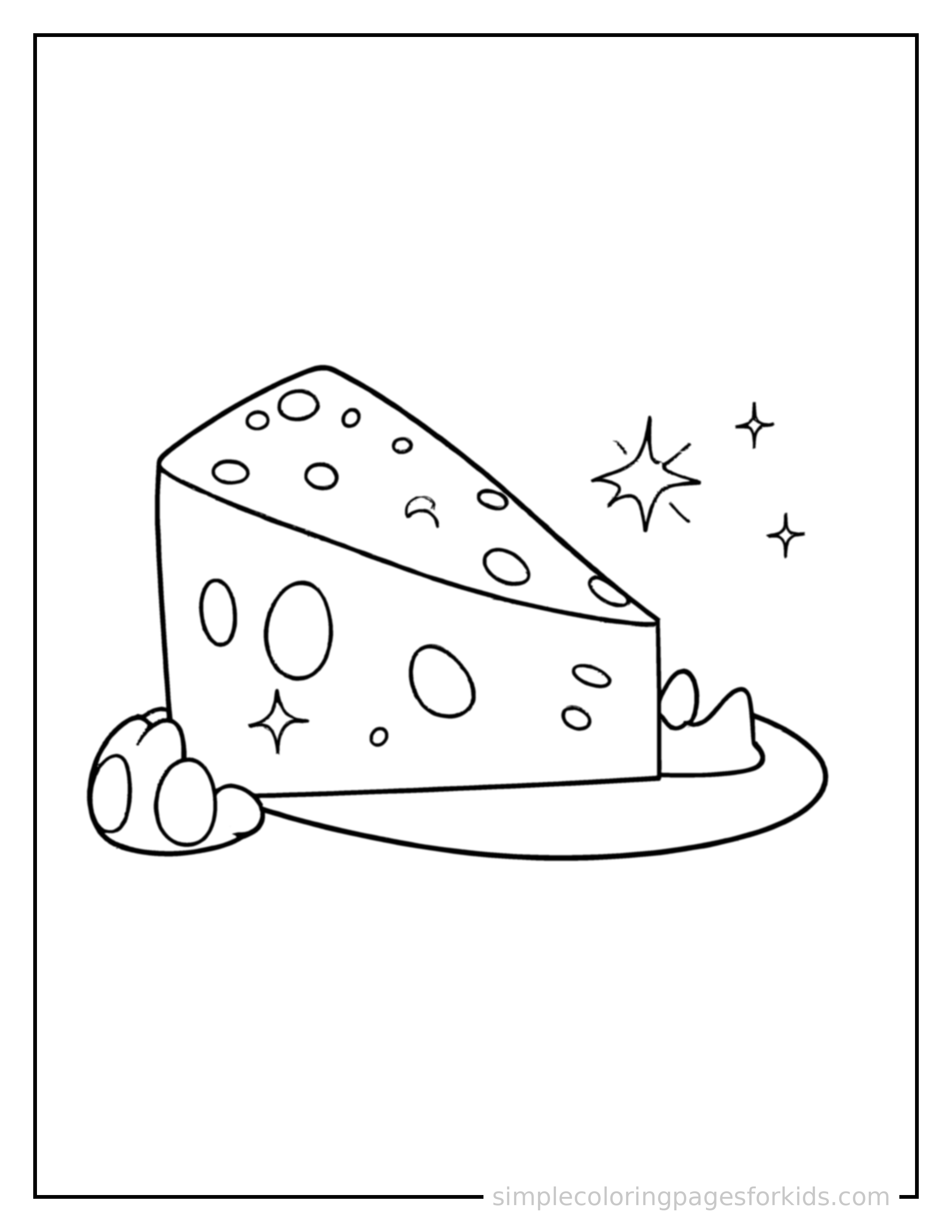 Free printable wedge of cheese coloring page featuring a cute wedge of cheese, shown from a slightly different angle with small decorative sparkle marks nearby.
