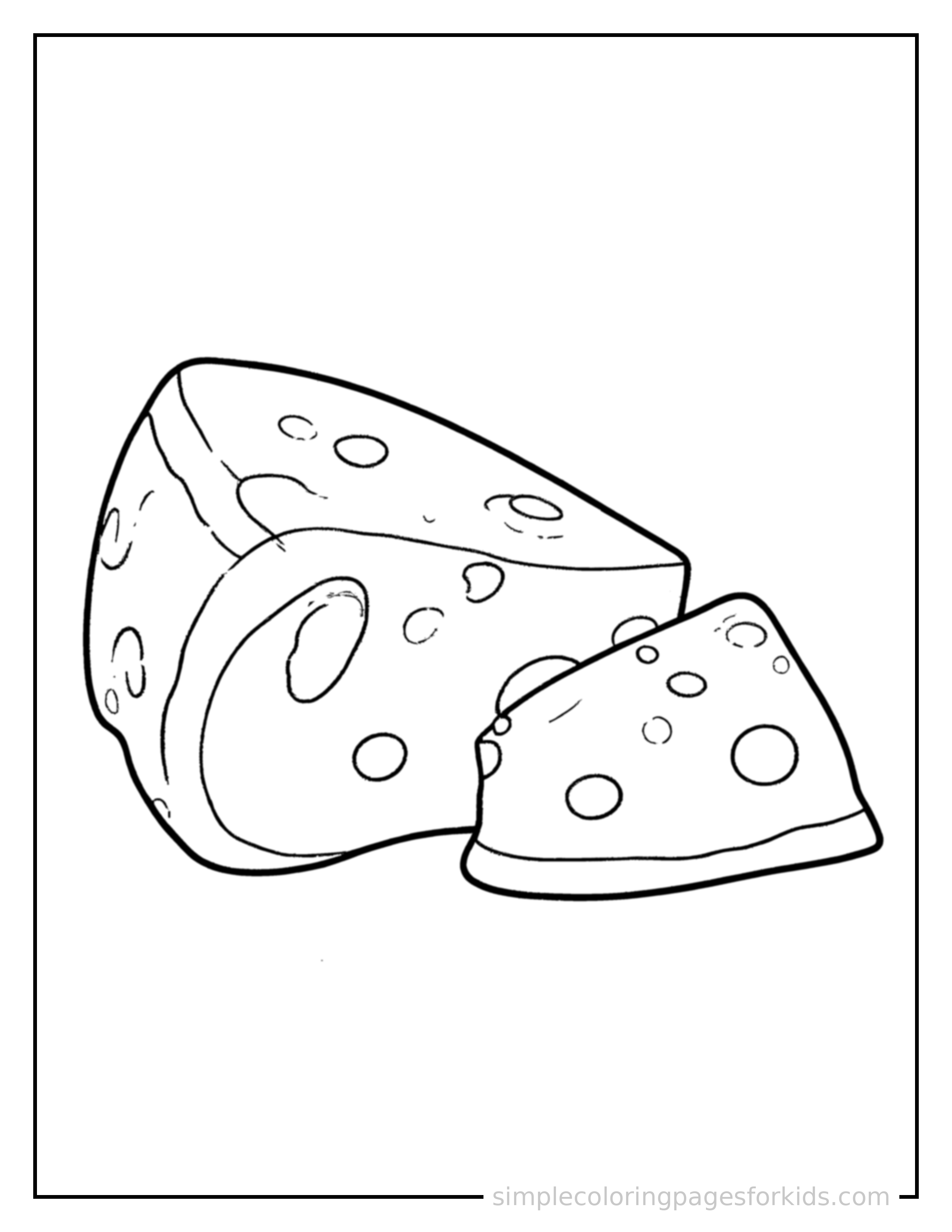 Free printable wedge of cheese coloring page featuring a cute wedge of cheese, shown with a smaller mini version of itself beside it.