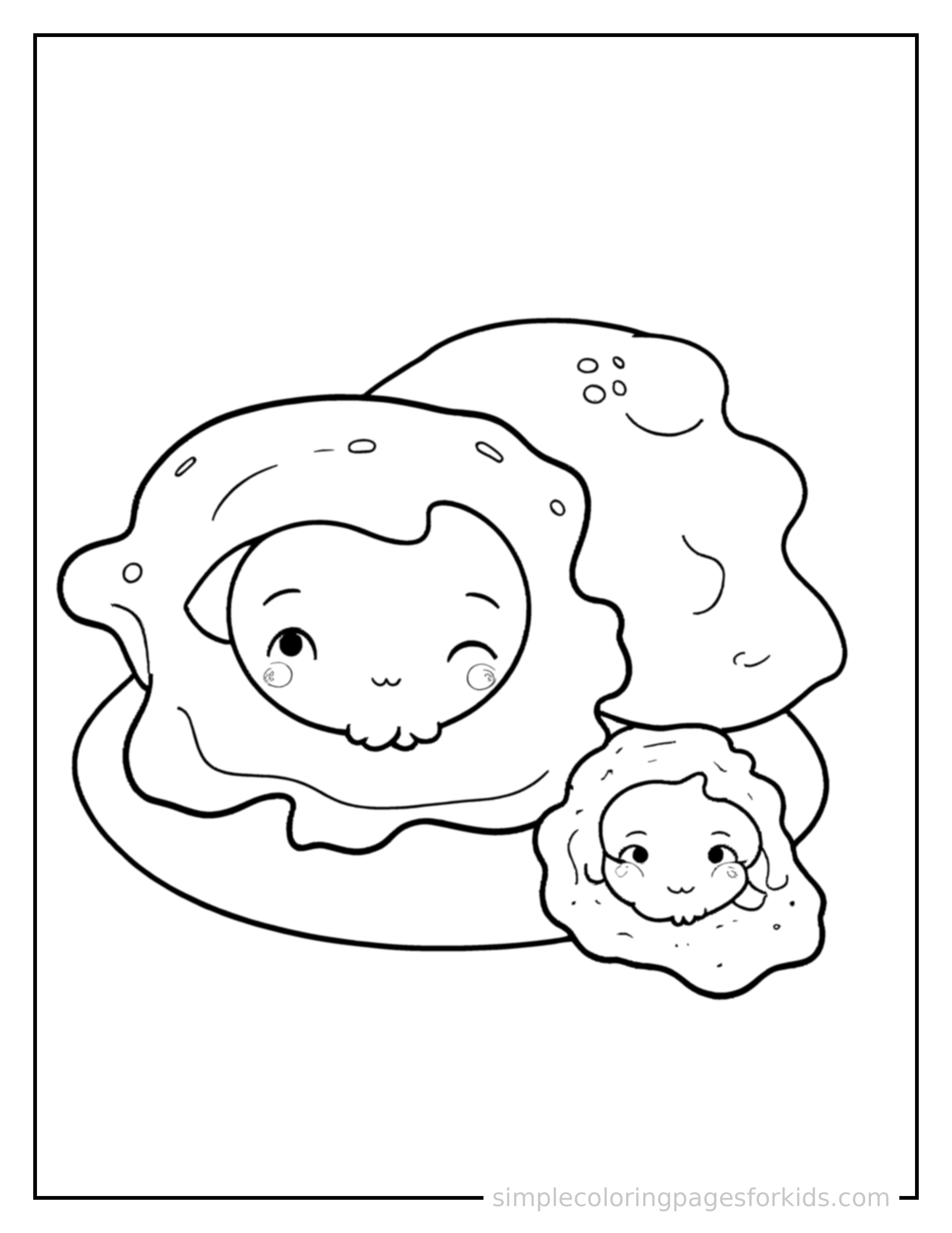 Free printable fried egg sunny side up coloring page featuring a cute fried egg sunny side up, shown with a smaller mini version of itself beside it.